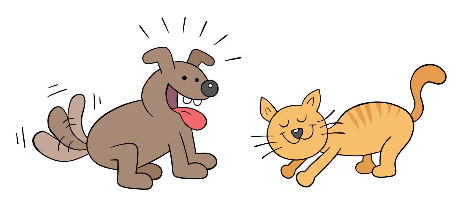 Cartoon happy dog and cat friendship, vector illustration. Colored and black outlines.