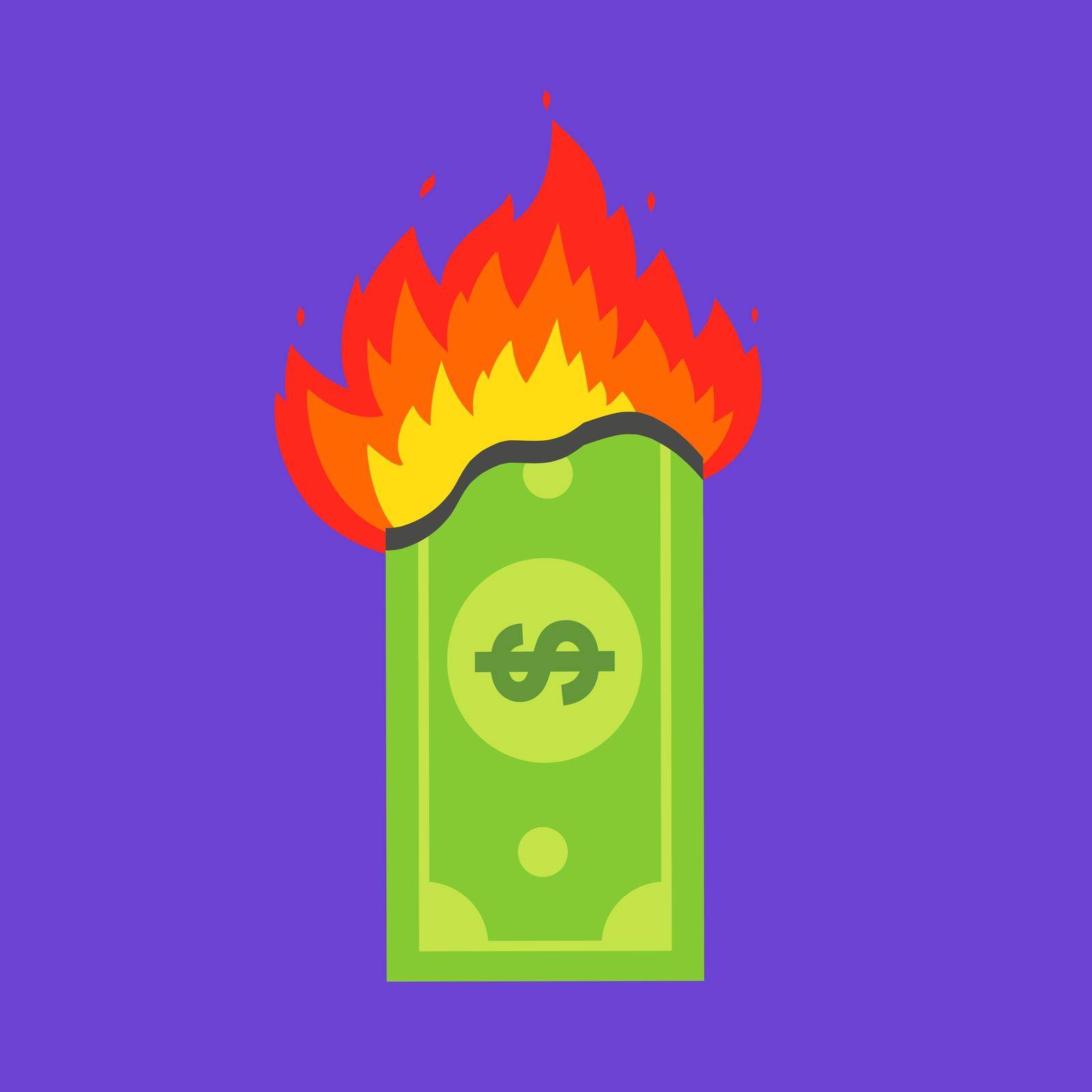 green dollar bill burns. financial crisis. flat vector illustration.