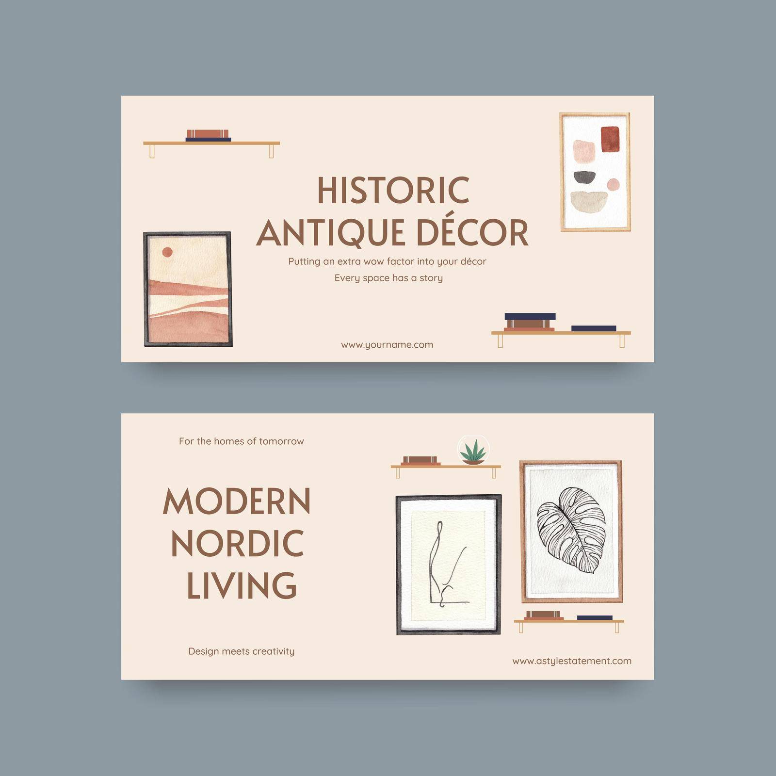 Twitter template with nordic antique home concept,watercolor style