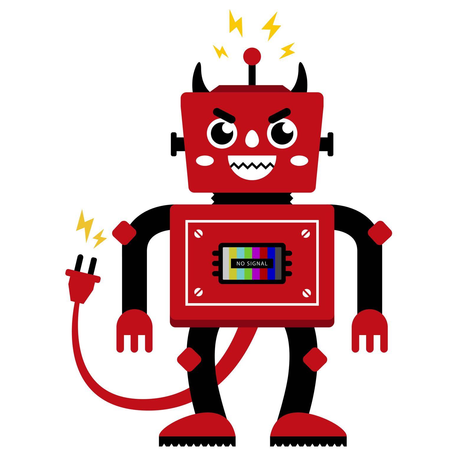 Devil robot with horns and tail. evil cyborg killer. Flat character vector illustration.