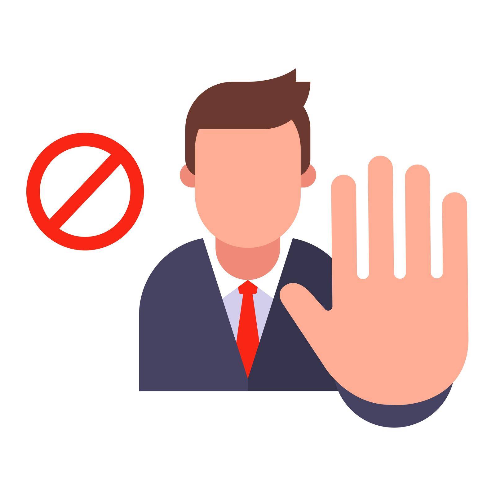 manager shows a stop sign with his hand. forbidden gesture. flat vector illustrator.