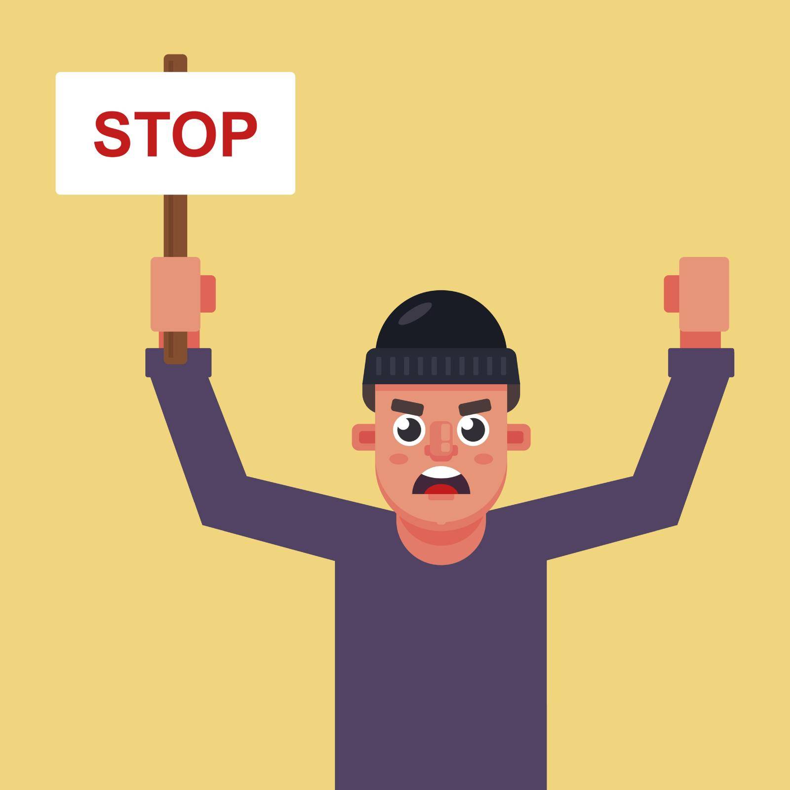 male protester with a poster in his hands with the inscription stop. Flat character vector illustration.