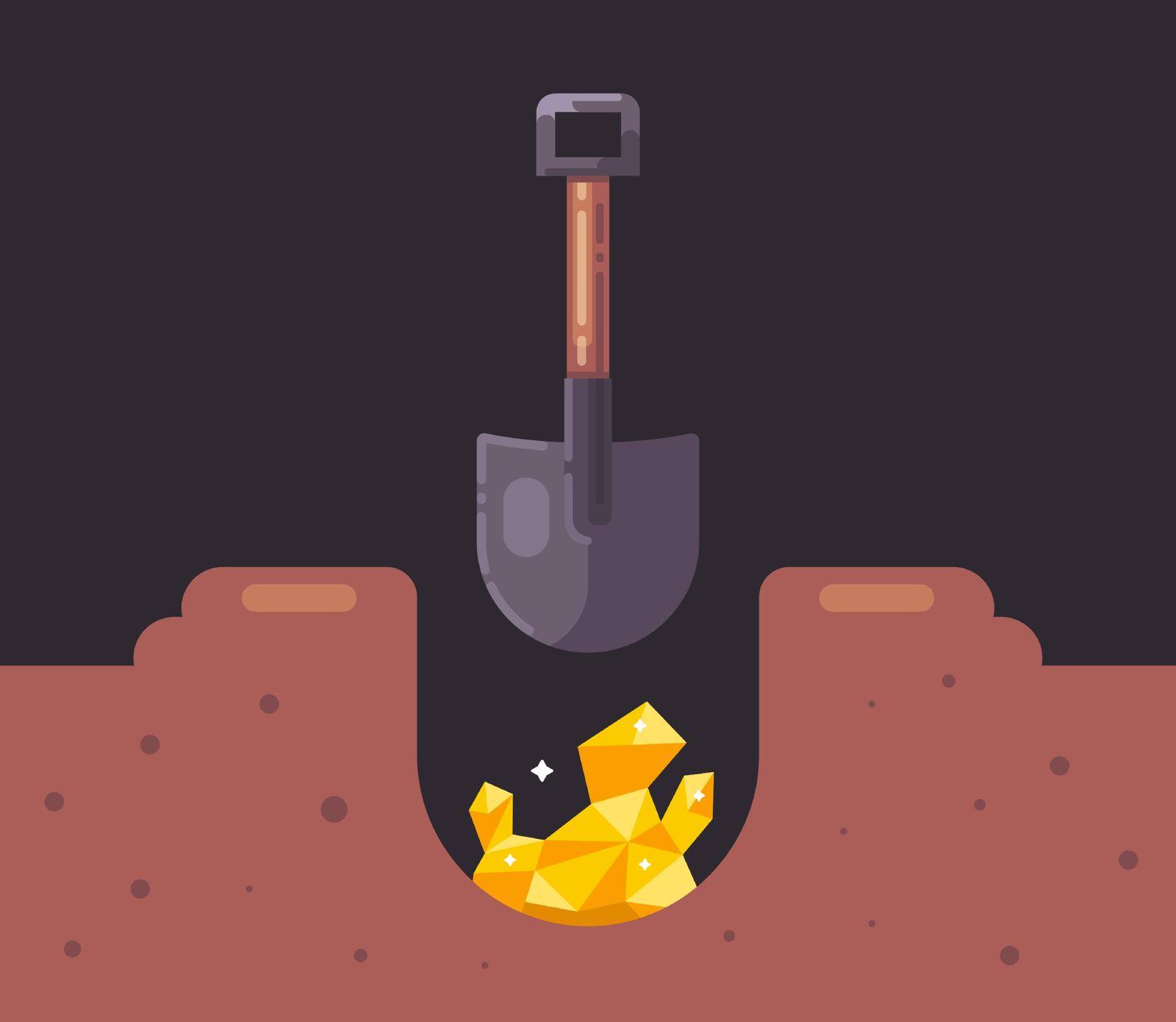 dig a hole with a shovel and find gold. treasure hunt in the earth. flat vector illustration.