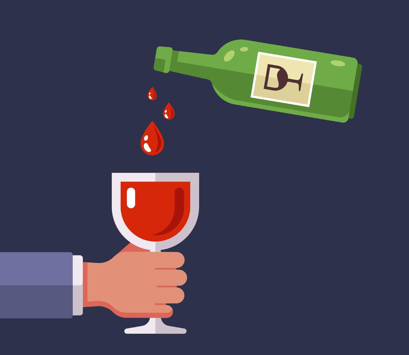 pour red wine from a bottle into a glass. flat vector illustration.