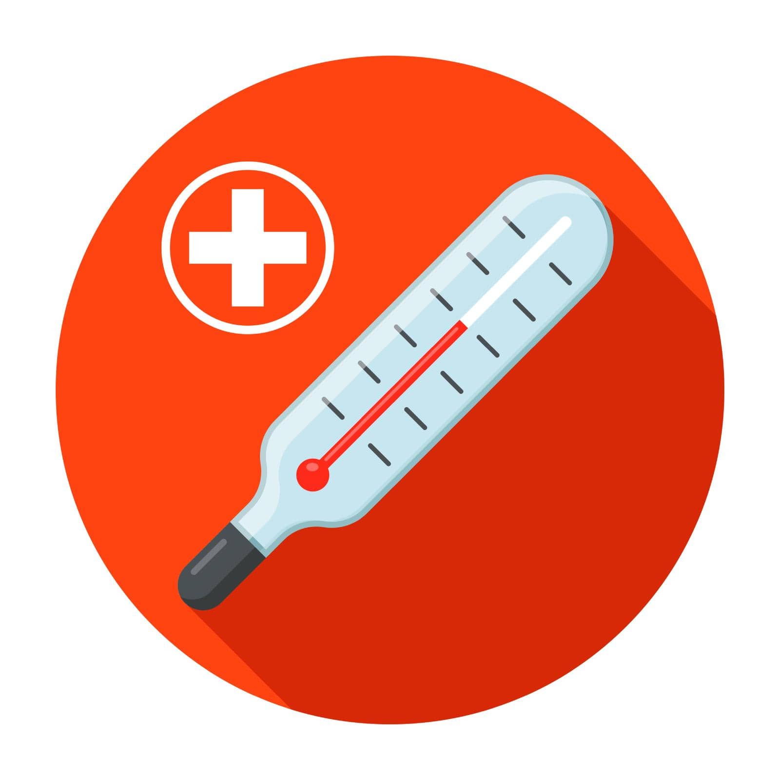 thermometer for measuring temperature to a person. icon on the red circle. flat vector illustration