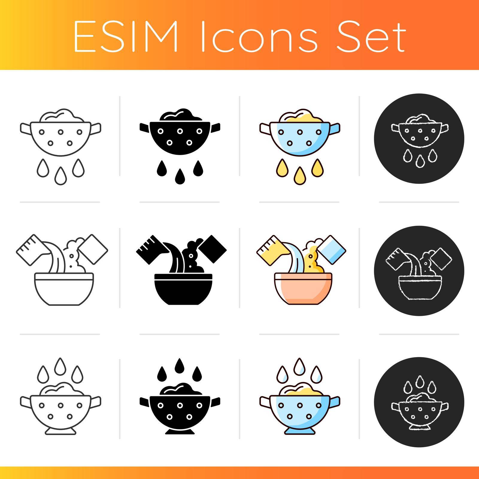 Cookery icons set. Drain water from rice. Mix ingredients for dough. Rinse products. Guide step for preparing food. Linear, black and RGB color styles. Isolated vector illustrations