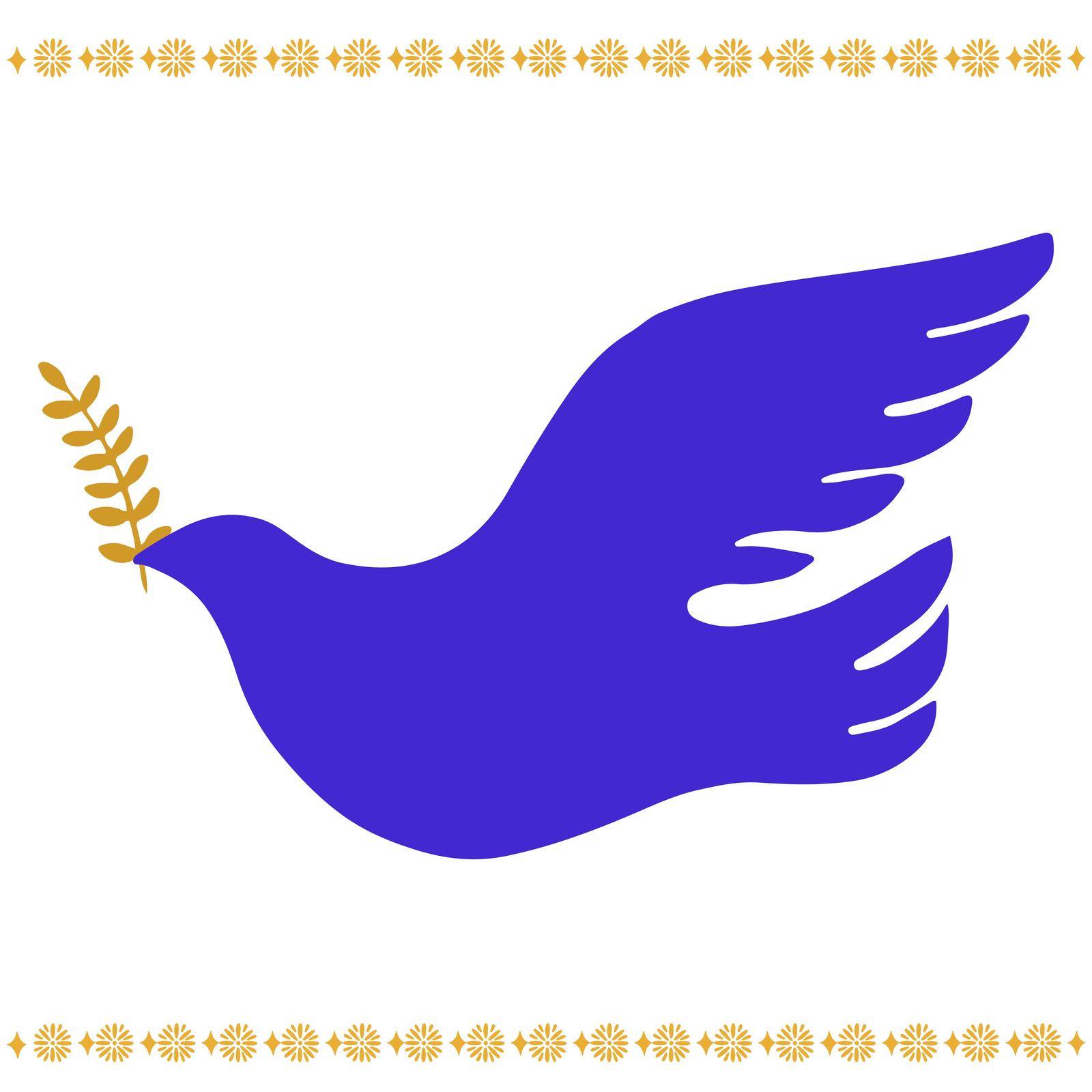 Dove of Peace hand drawn simple emblem. Blue and yellow pigeon with laurel. by iliris