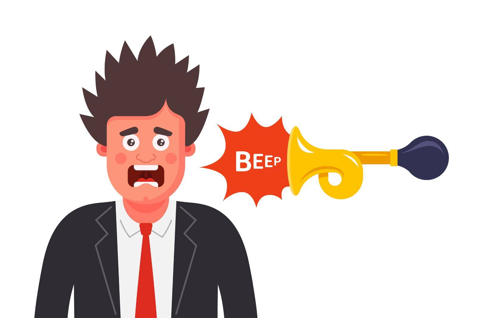 the man was frightened by the unexpected sound. scare a person with a loud beep. flat vector character illustration.