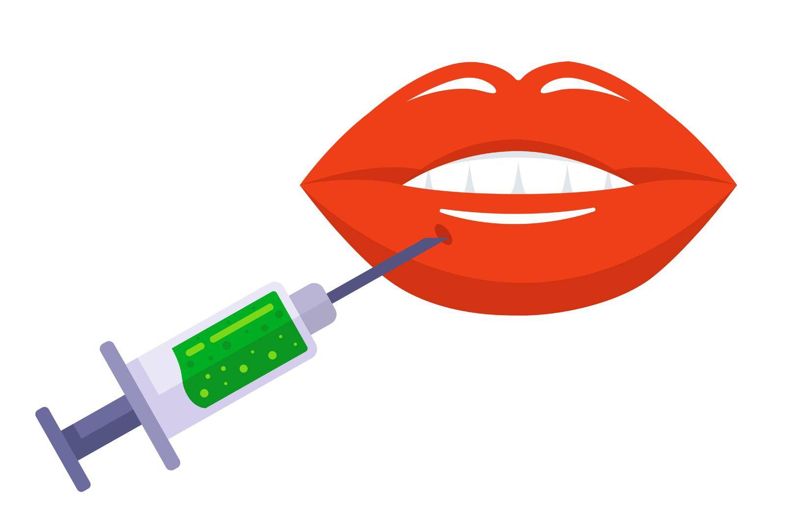 increase the size of the lips with an injection. cosmetic procedure for women. flat vector illustration.