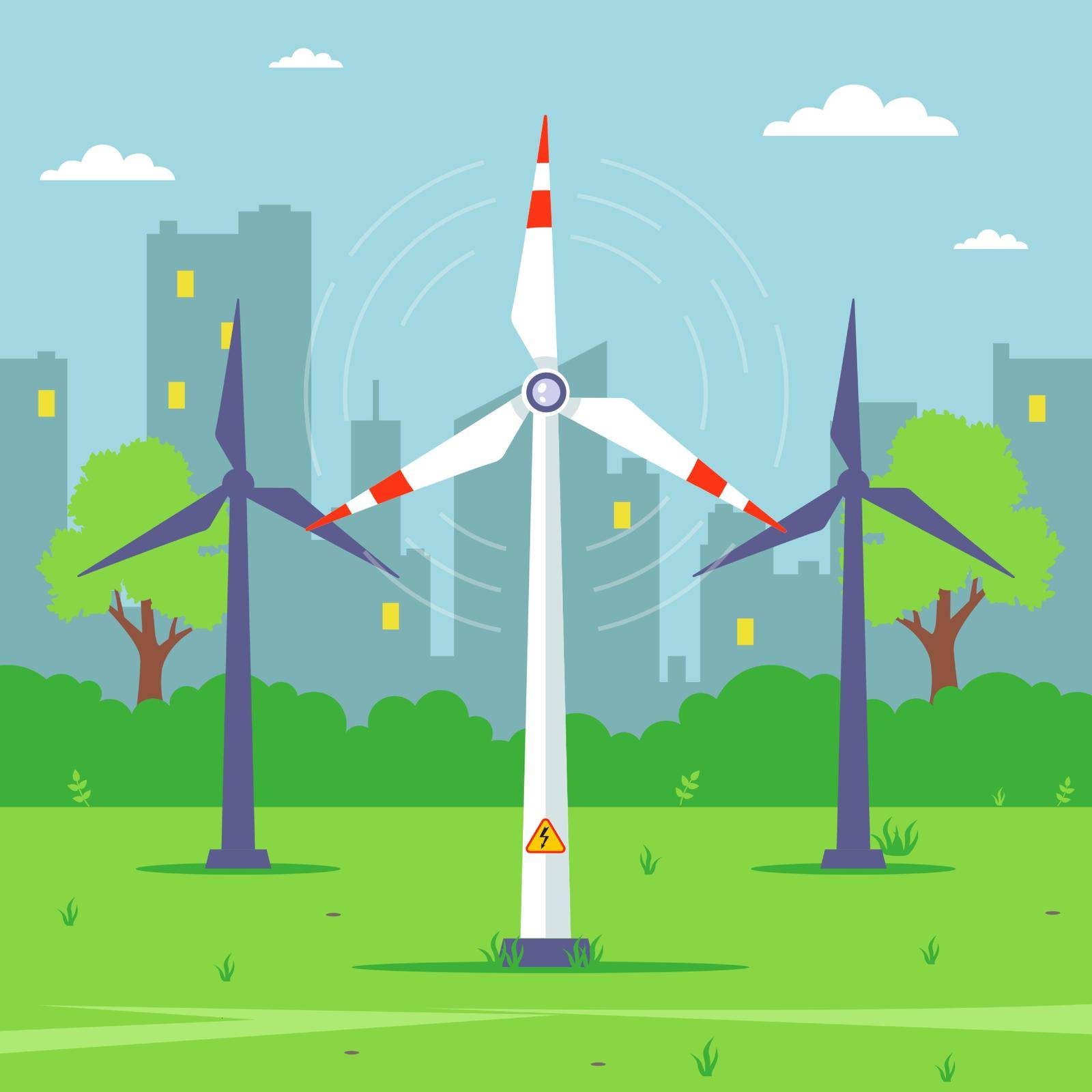 a windmill in the background of the city extracts electricity from the wind. by PlutusART