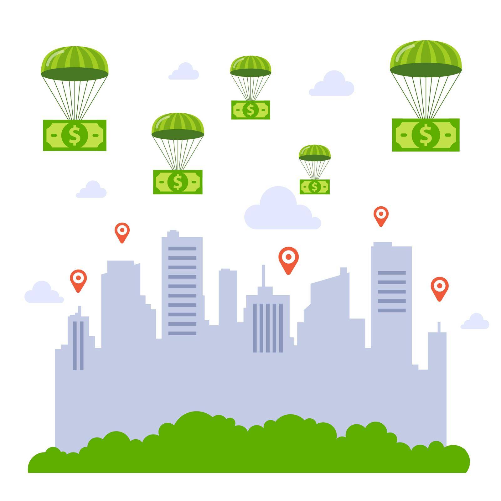 saving the economy with government money. money falling on the city by parachutes. flat vector illustration.