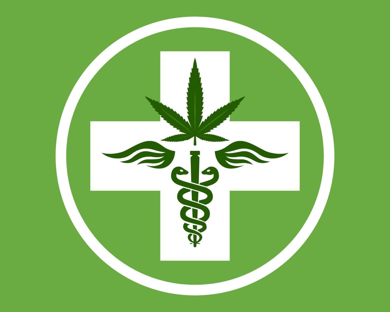 medical marijuana symbol. rod with snakes and wings. therapeutic agent. Kanabis pharmacy. flat vector illustration.