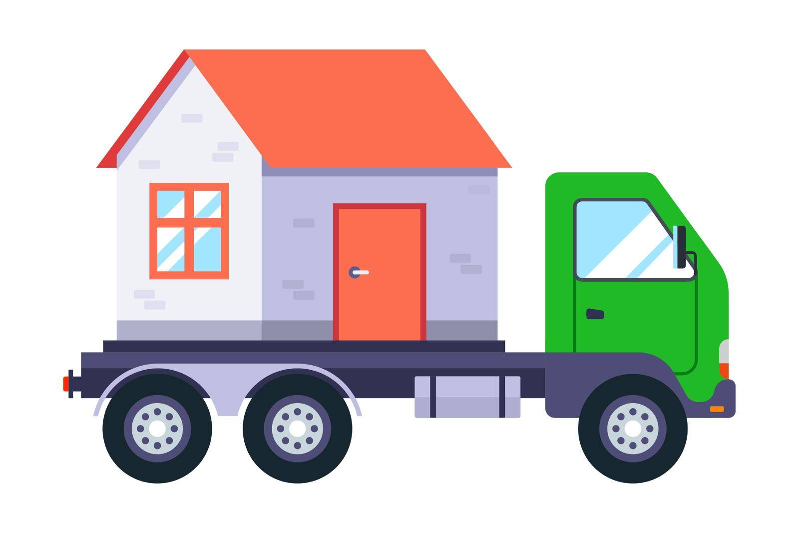 a truck transports a one-story house. motorhome travels. flat vector illustration.
