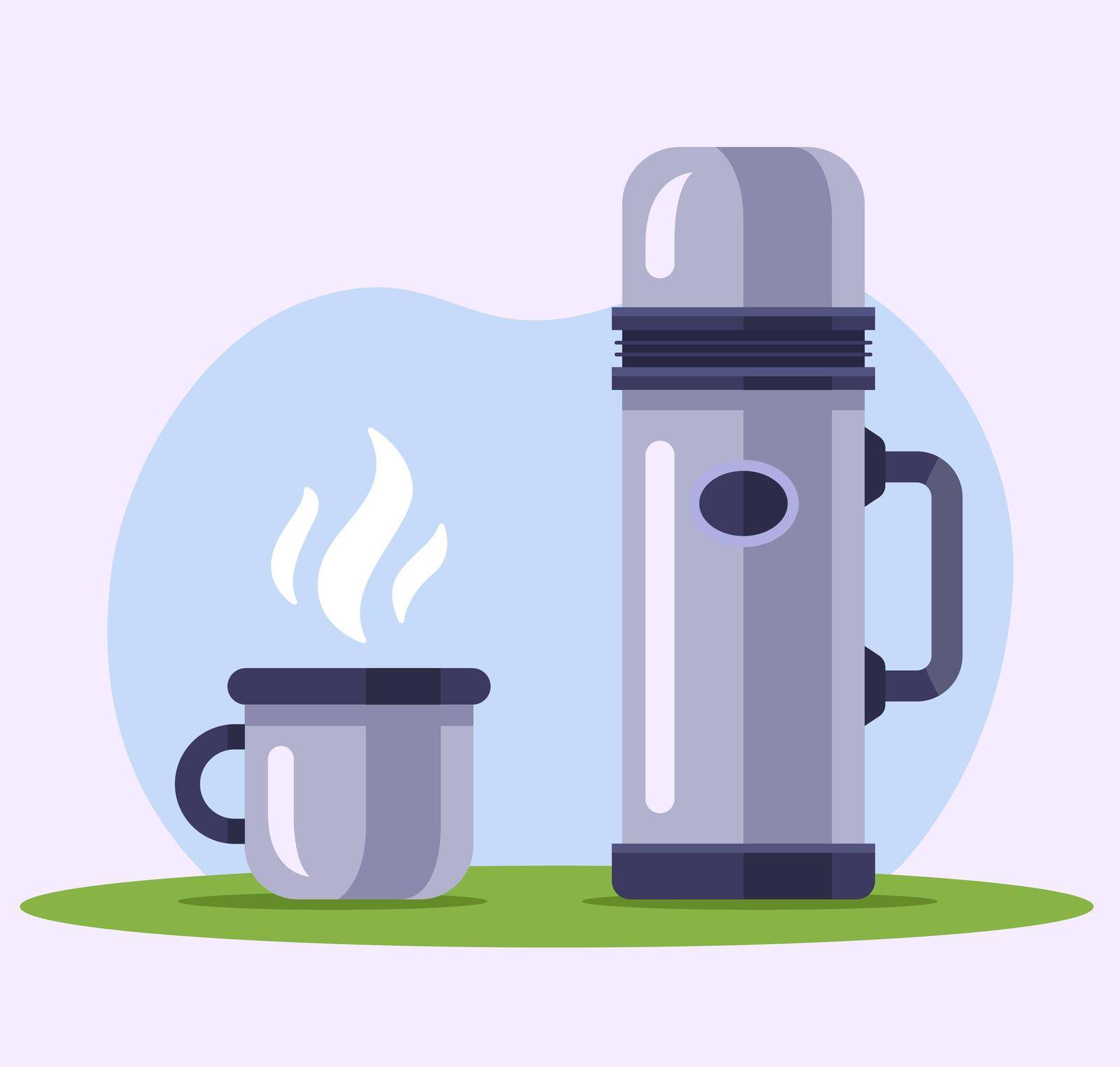 iron thermos with a mug of tea in nature. by PlutusART