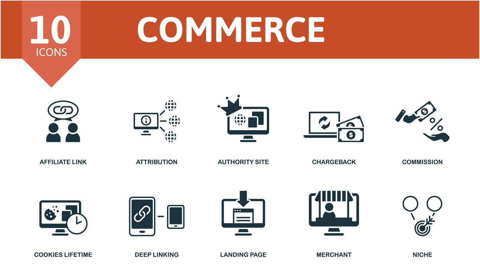 Commerce set icon. Editable icons commerce theme such as affiliate link, authority site, commission and more. by simakovavector