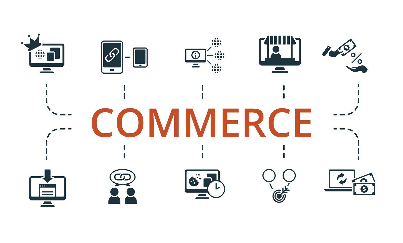 Commerce set icon. Editable icons commerce theme such as affiliate link, authority site, commission and more