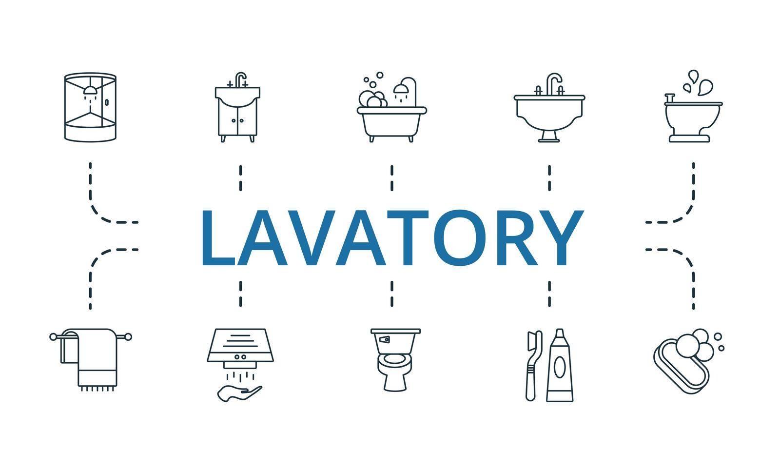 Lavatory set icon. Editable icons lavatory theme such as deposits acceptance, funds remittance, bill payment services and more