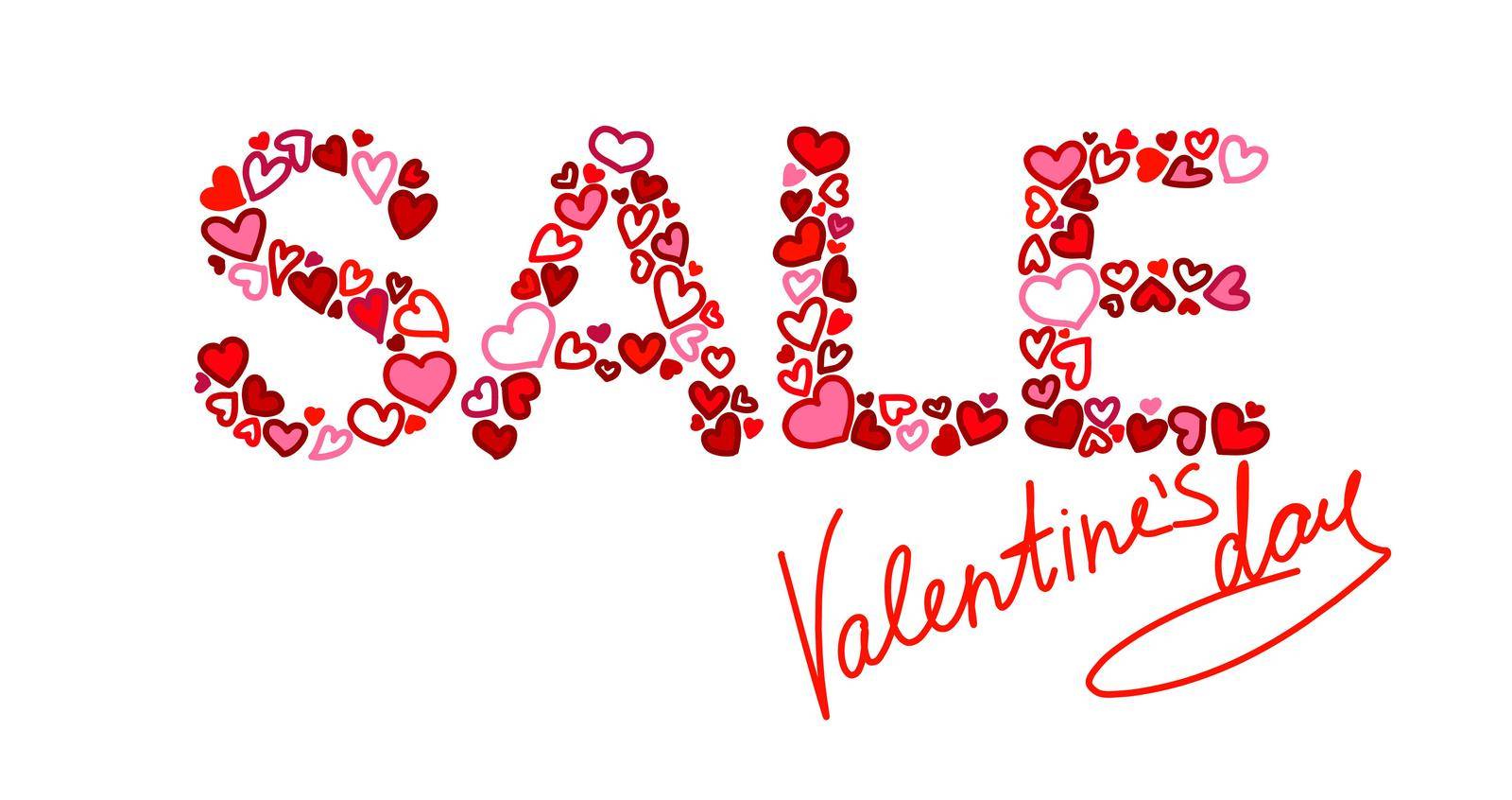 Lettering sale in honor of Valentine s day. Letters from the hearts. Vector on an isolated background.
