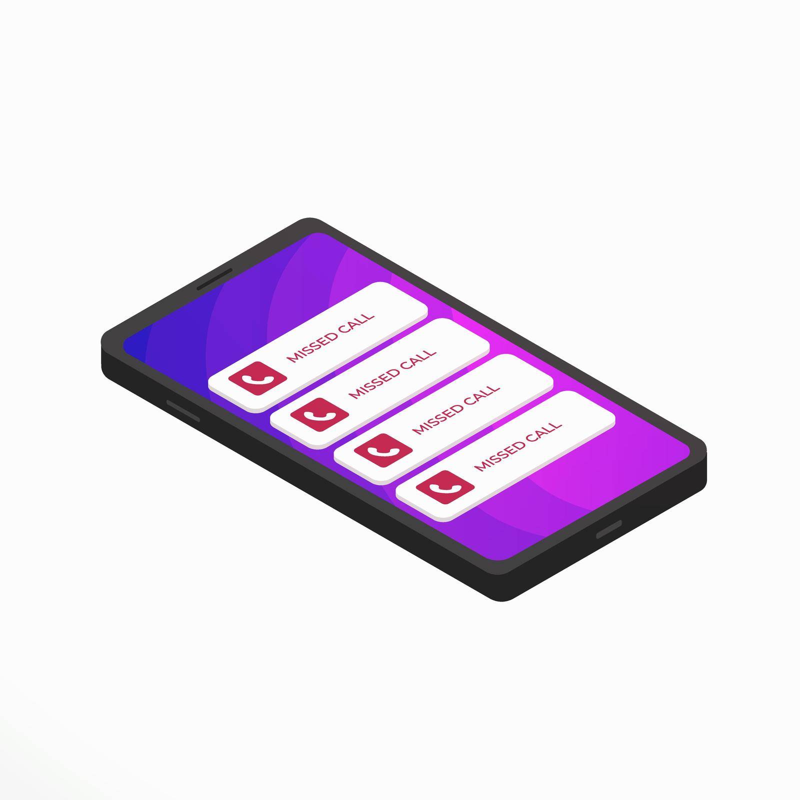 Missed call notification concept. Isometric smartphone isolated on white background. Vector illustration.