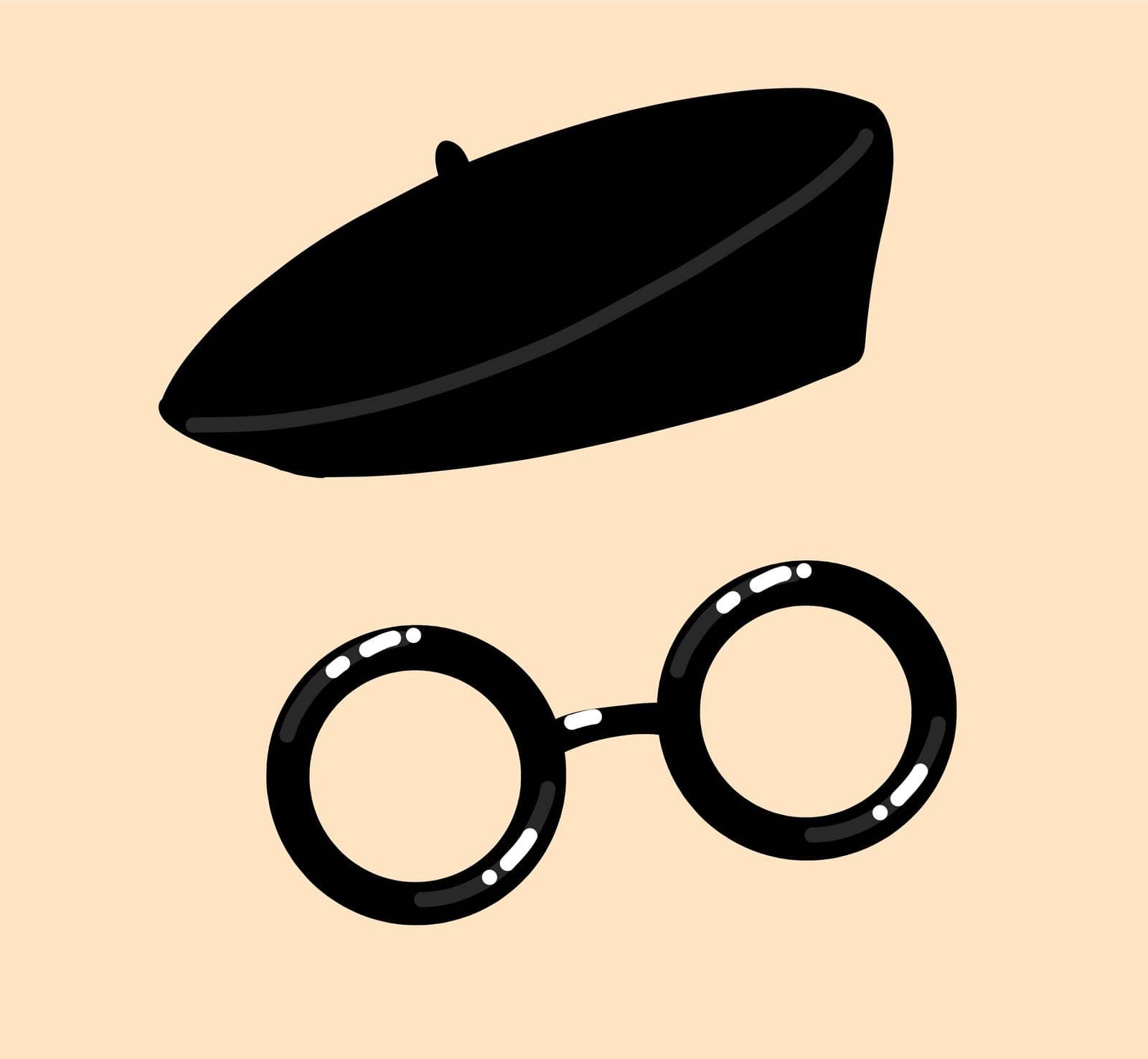 Accessory for the face. Fashionable black round glasses and black beret. Vector on an isolated background. Portrait mask.