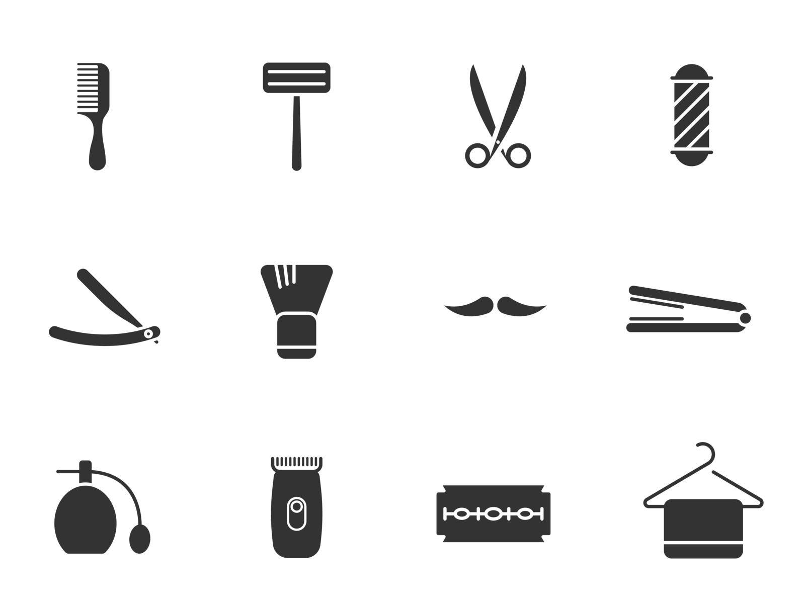 barber shop glyph vector icons isolated on white. hairdressing saloon icon set for web, mobile apps, ui design and print by govindamadhava108