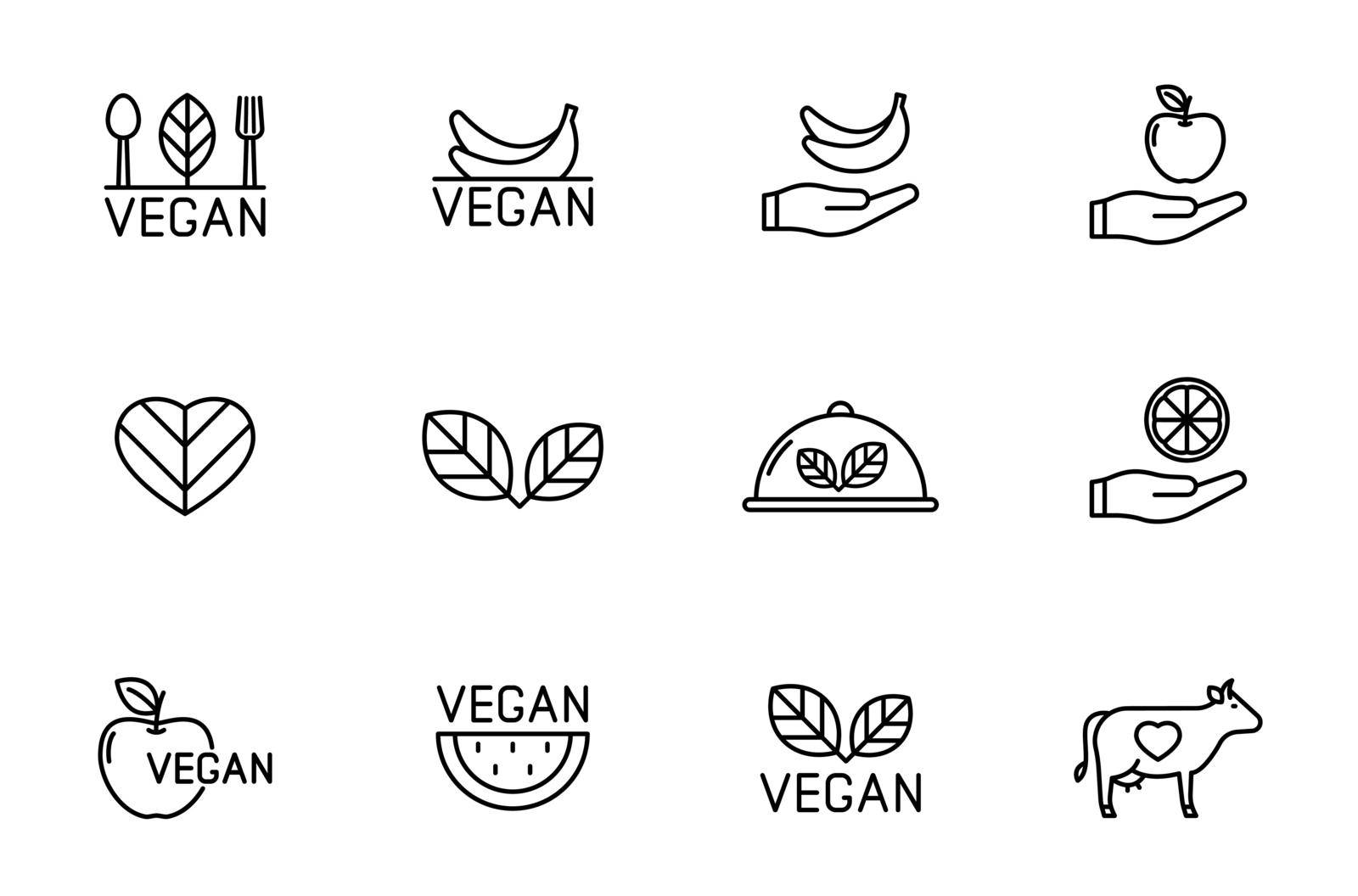 vegan line vector icons isolated on white. vegan non violent food lineal icon set for web and ui design, mobile apps and print products