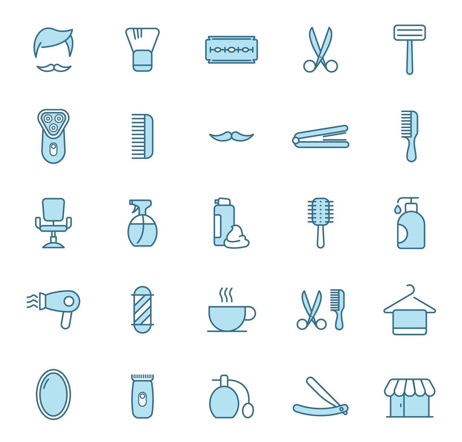 barber shop line vector icons in two colors isolated on white background. hairdressing saloon blue icon set for web design, ui, mobile apps and print