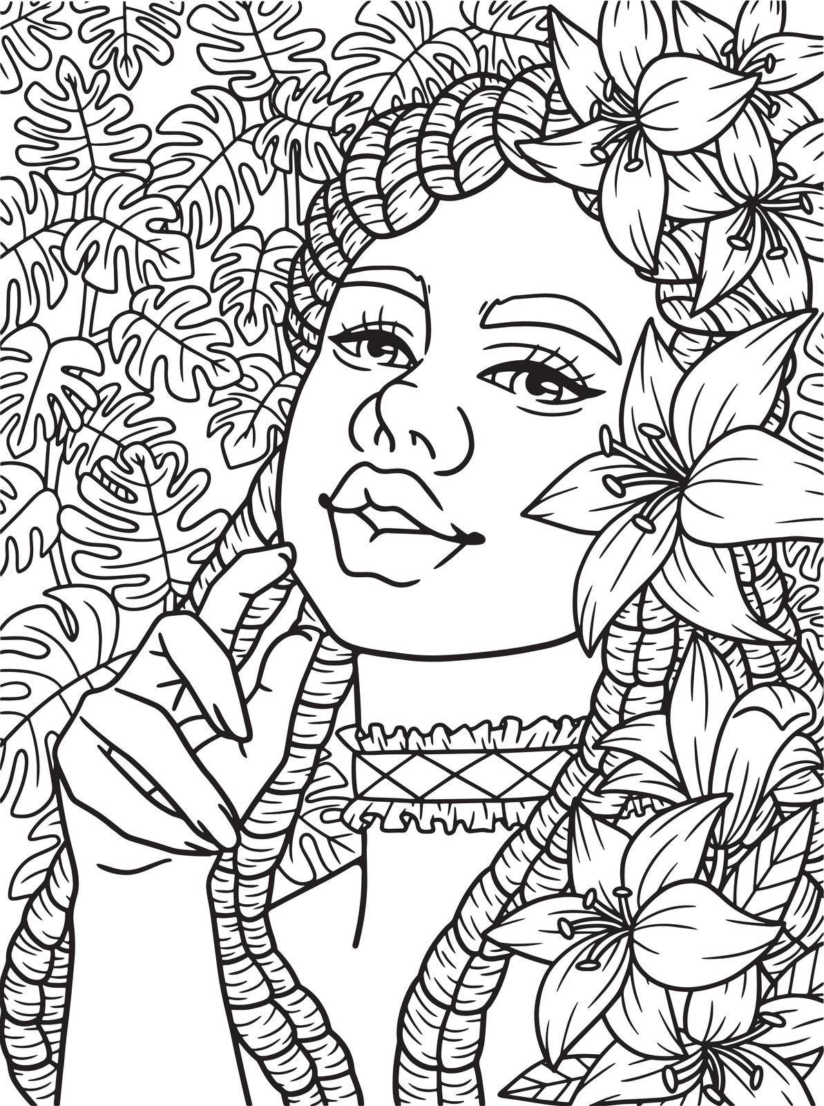 A cute and funny coloring page of an Afro-American flower girl. Provides hours of coloring fun for adults.