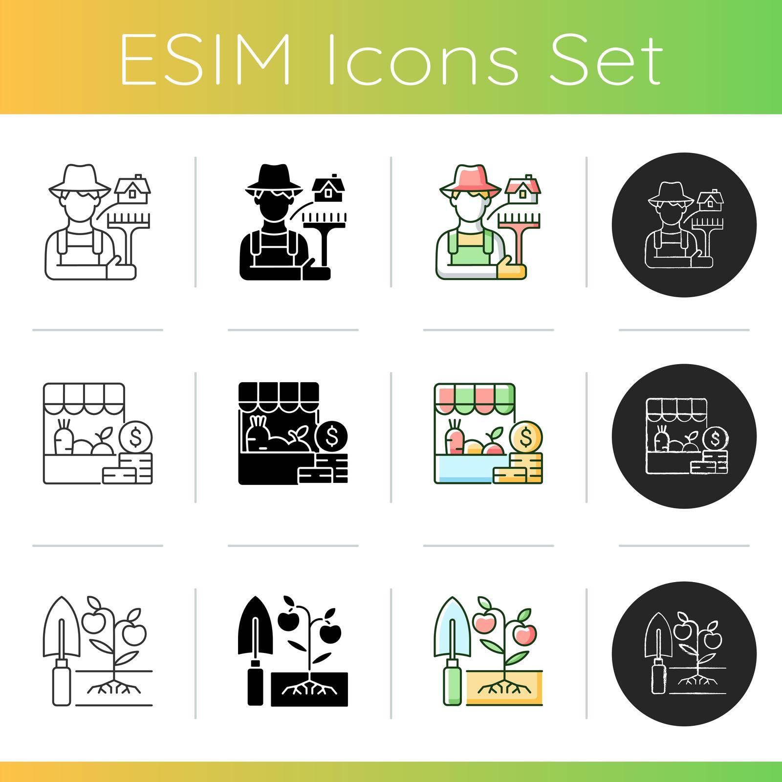 Farming icons set. Agricultural business. Rural area. Crop quality control. Cultivation and plant care. Organic products. Linear, black and RGB color styles. Isolated vector illustrations