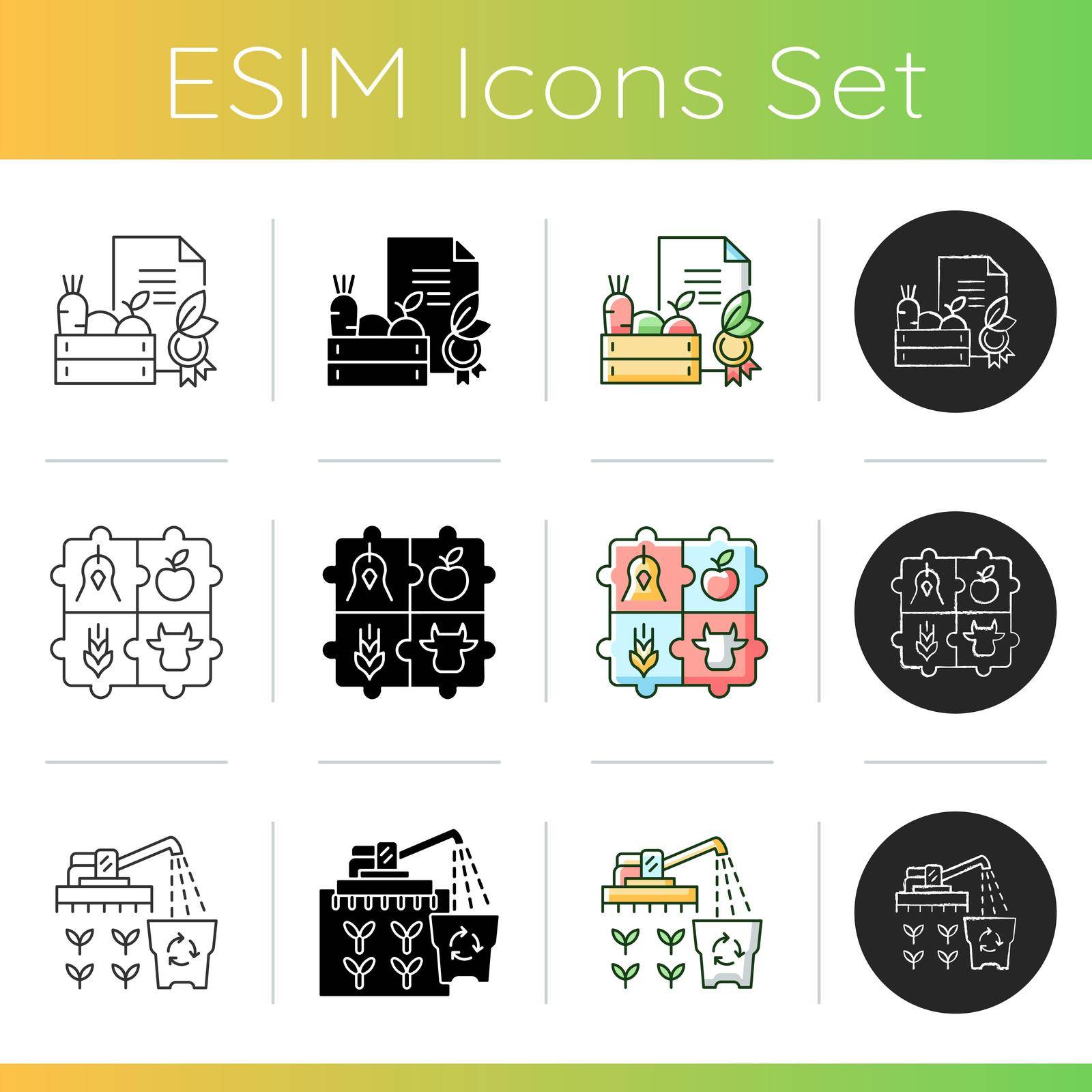 Agribusiness icons set. Farm business surplus. Certified organic goods. Excessive amount of goods. Farm cooperative. Linear, black and RGB color styles. Isolated vector illustrations
