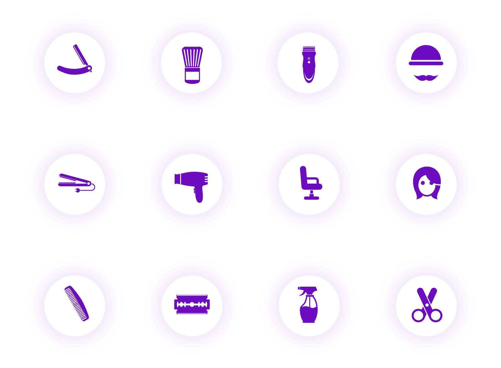 barber shop purple color vector icons on light round buttons with purple shadow. barber shop icon set for web, mobile apps, ui design and print