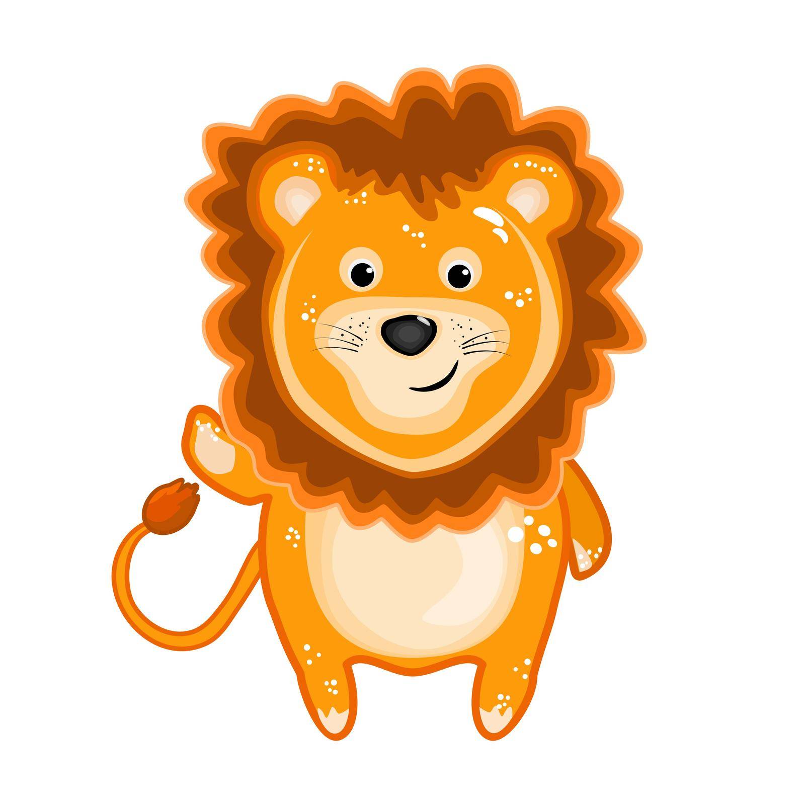 Lion isolated on white background. Funny friendly lion character waving hand and smiling. by KajaNi
