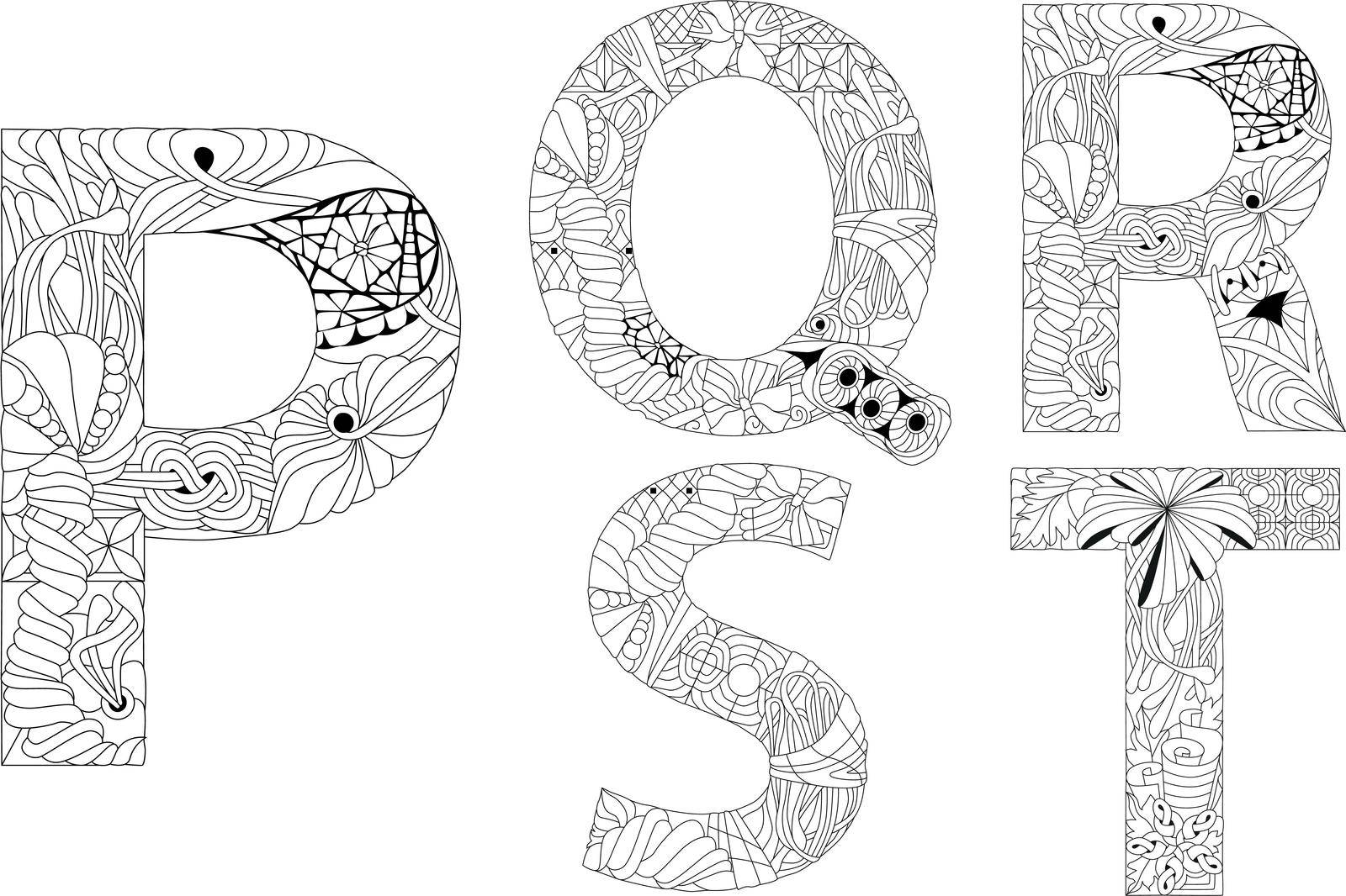 Vector of hand drawn set of Alphabet from P - T in Zentangle style for coloring pages by NataOmsk