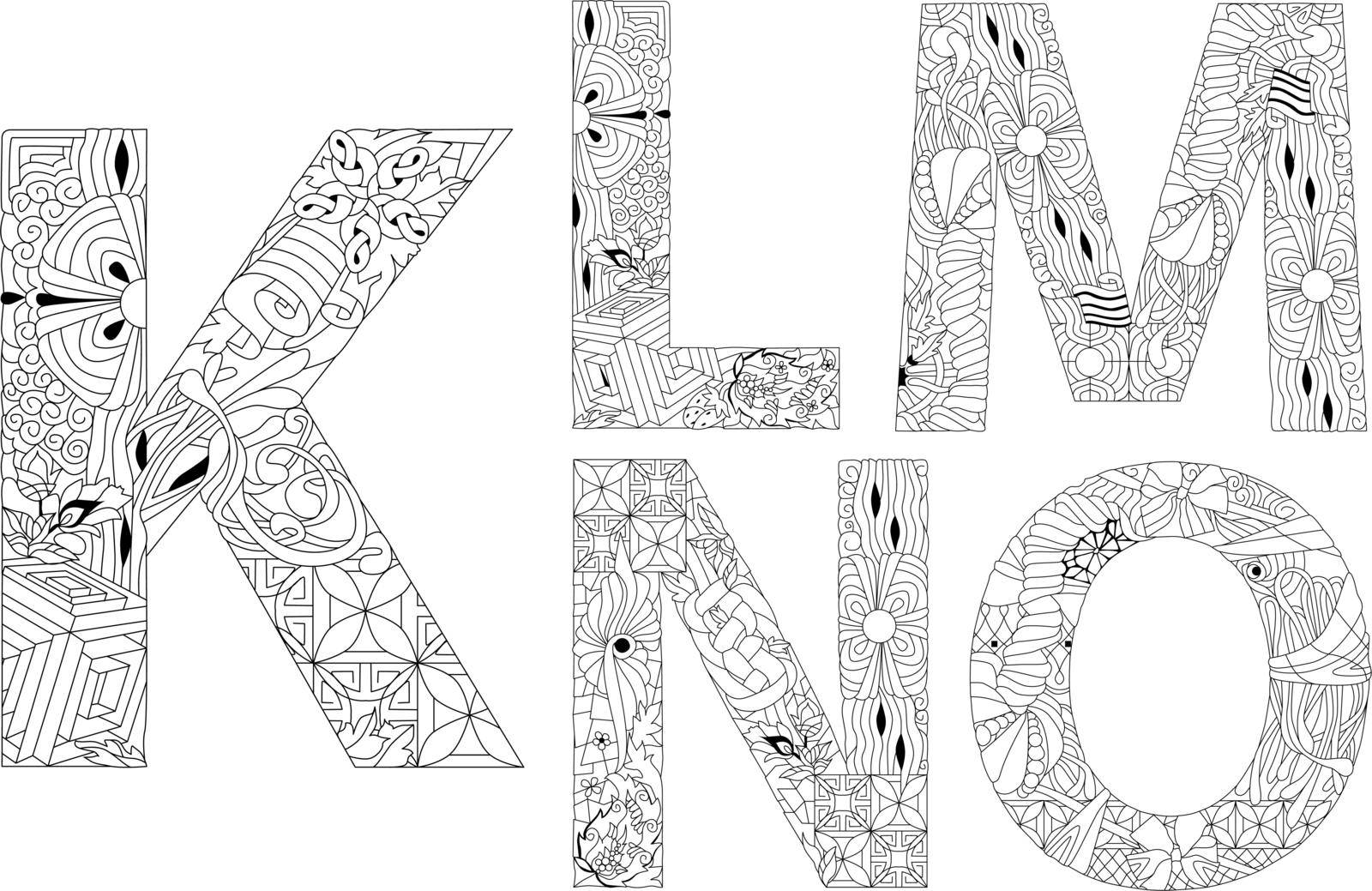 Vector of hand drawn set of Alphabet from K - O in Zentangle style for coloring pages by NataOmsk