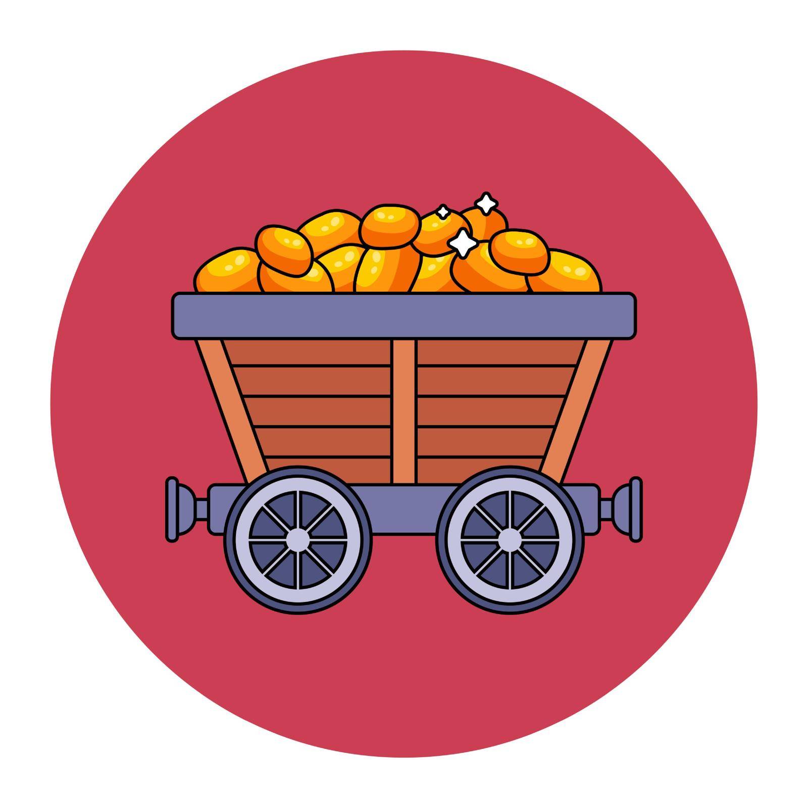 wooden trolley with a pile of gold. work in the mine. flat vector illustration.