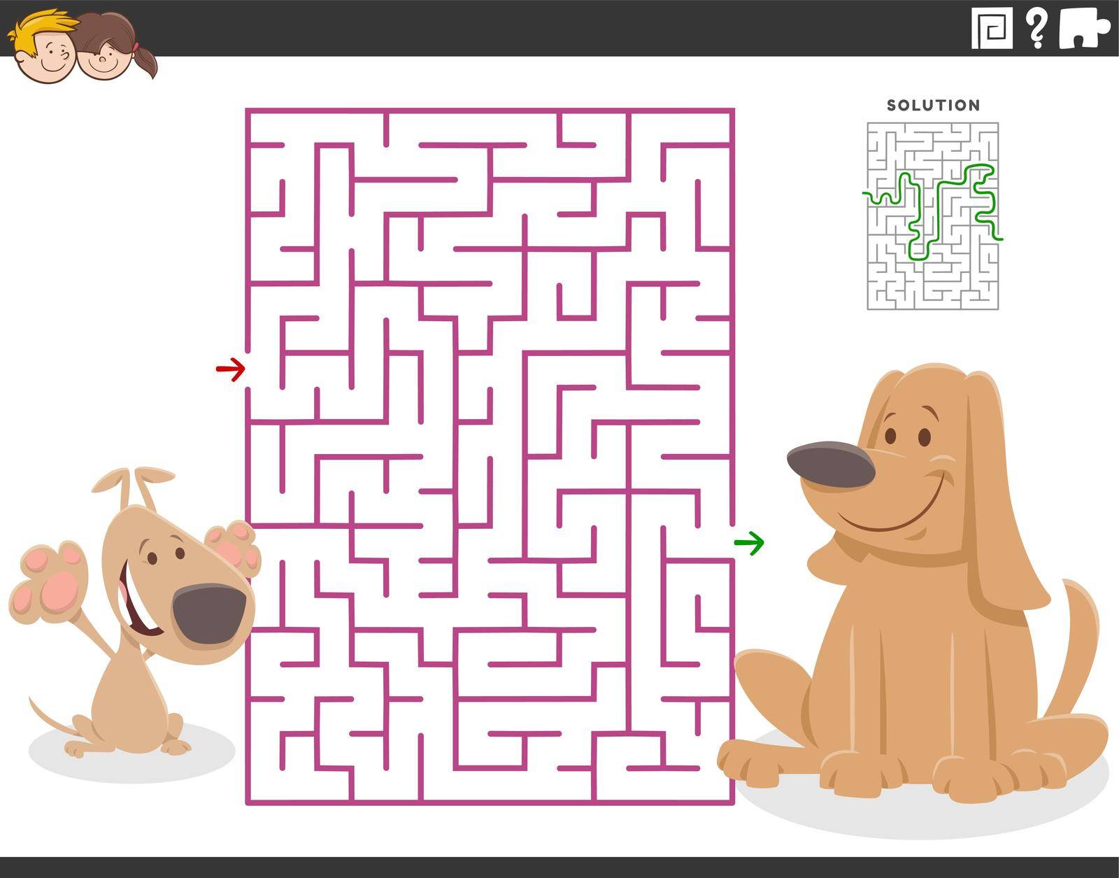 Cartoon illustration of educational maze puzzle game for children with mom dog and little puppy