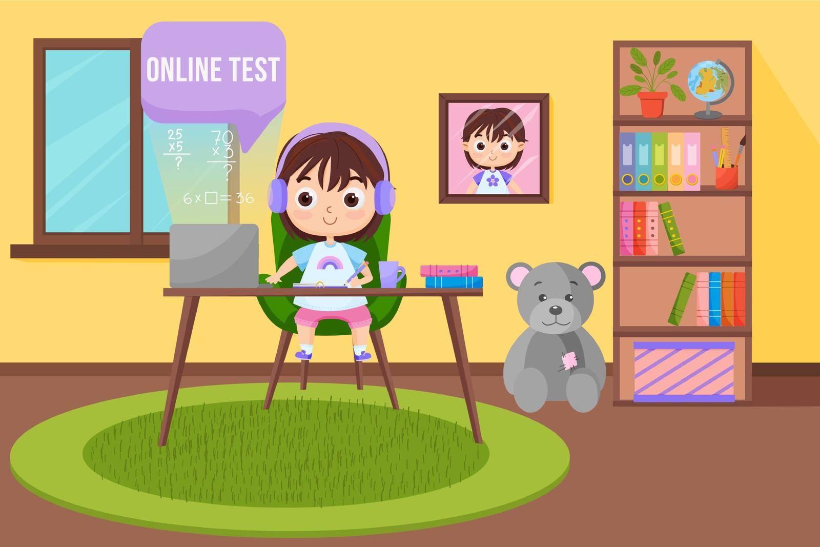 Kids learning online test. Online test at home, distance learning concept. Premium vector