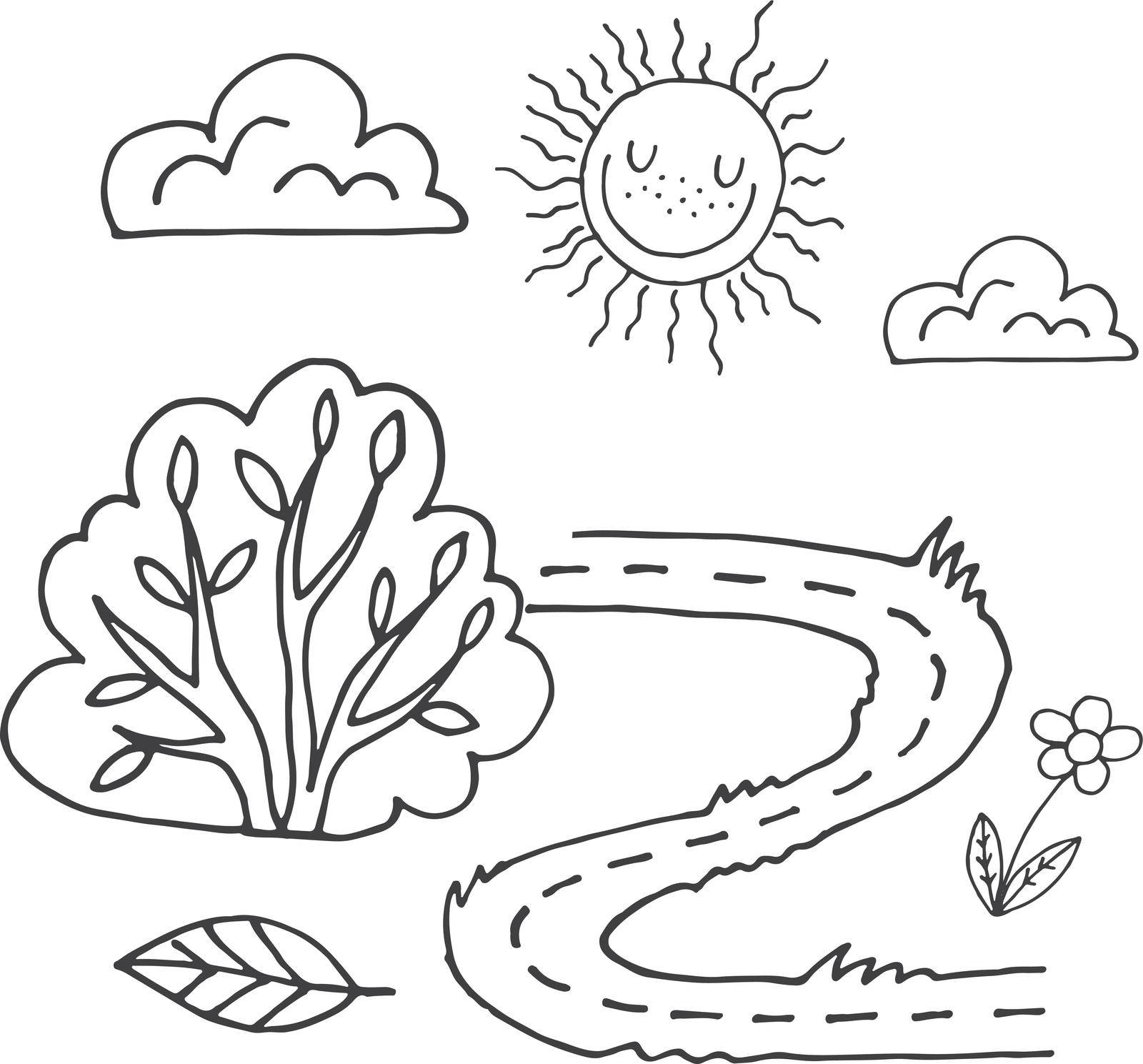 Summer nature child drawing. Coloring book landscape page isolated on white background