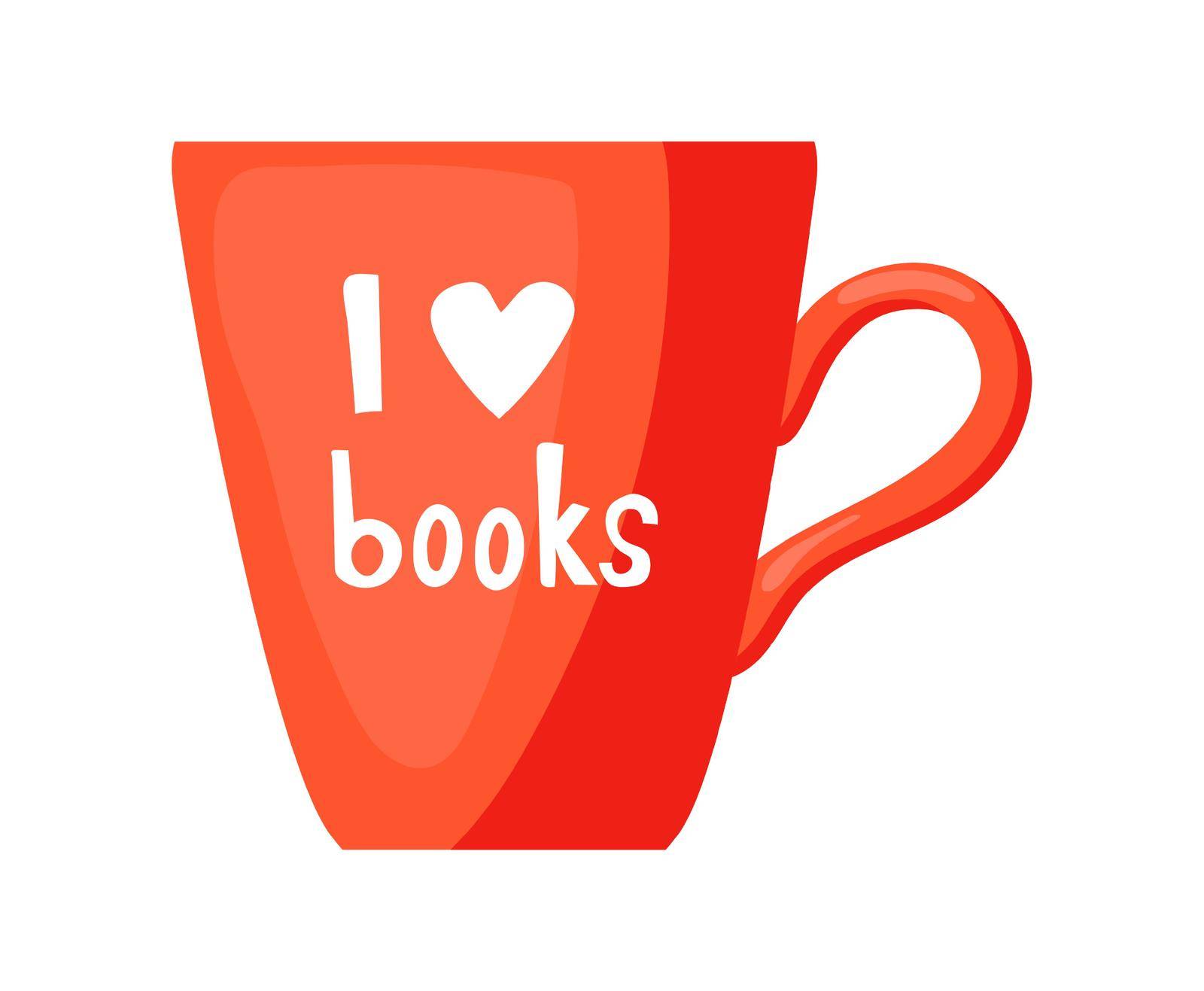 Book lovers mug. Red cup for coffee or tea with the inscription I love books, cartoon vector isolated on white background