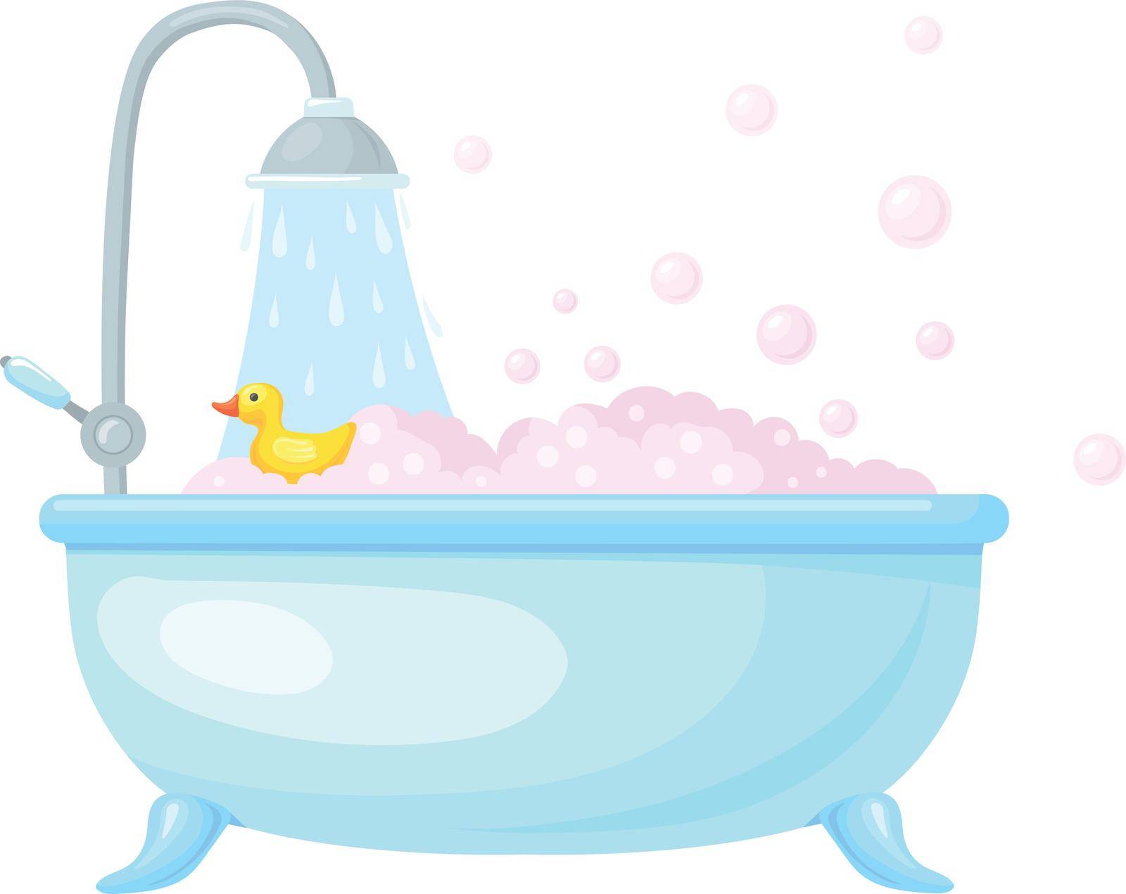 Full bath with bubbles and yellow duck. Cartoon bathtub icon isolated on white background