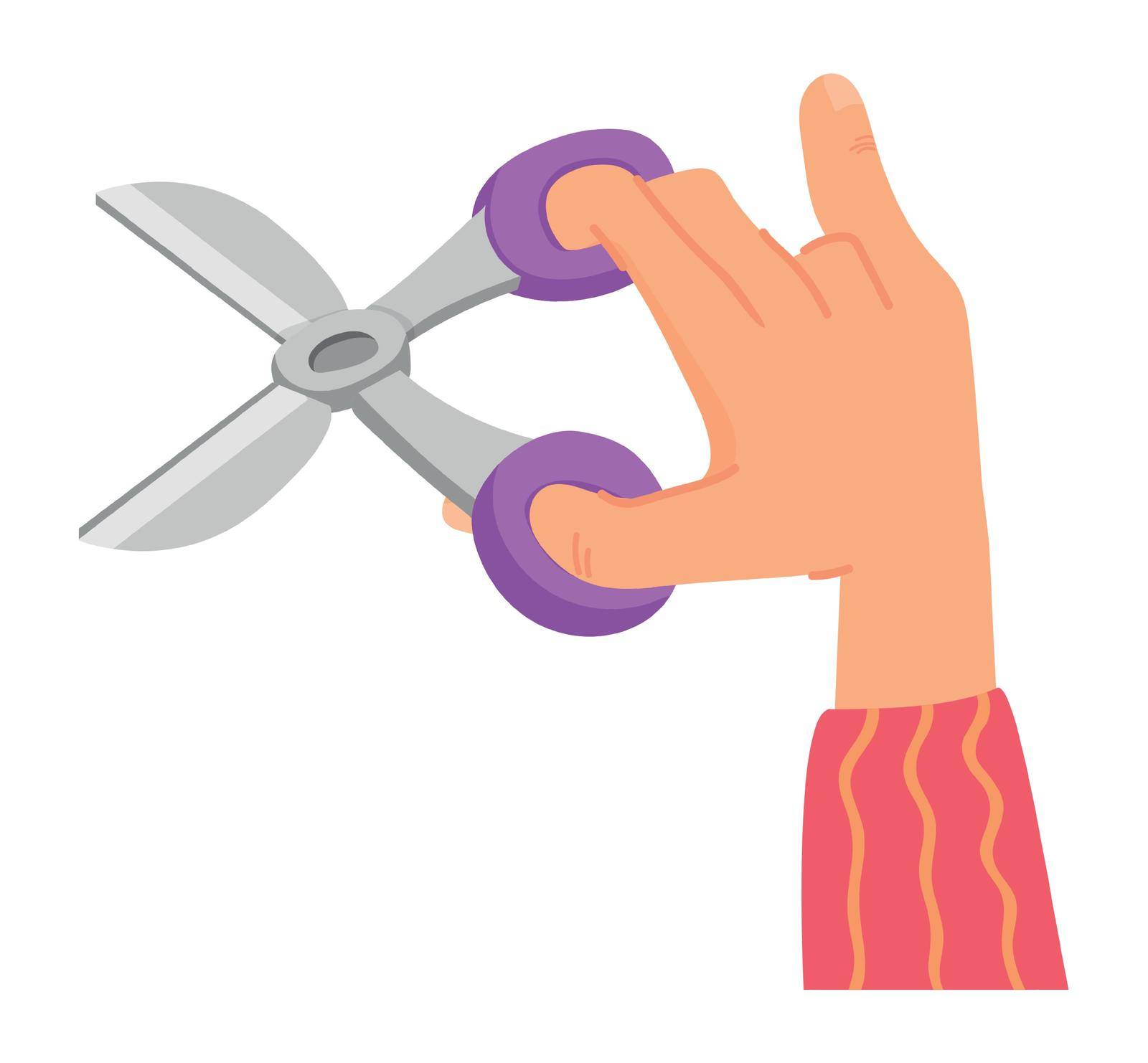 Hand holding open scissors. Cutting icon in cartoon style. Vector illustration