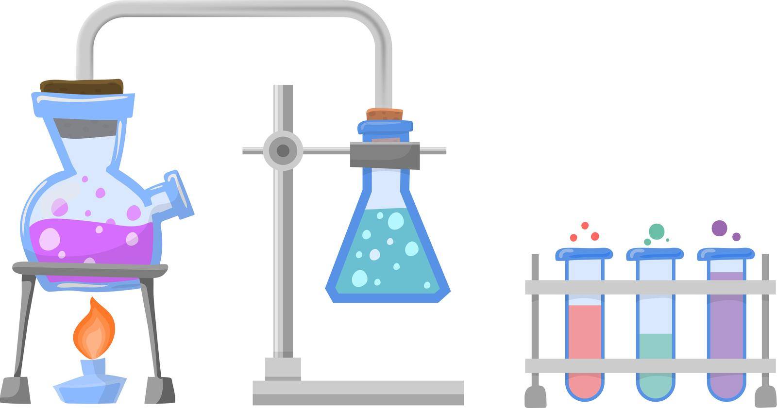 Chemistry experiment. Flasks with chemicals. Laboratory test. Vector illustration