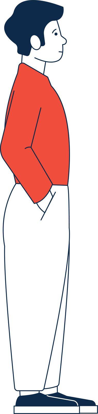 Young man standing with hands in pockets. Side view. Vector illustration