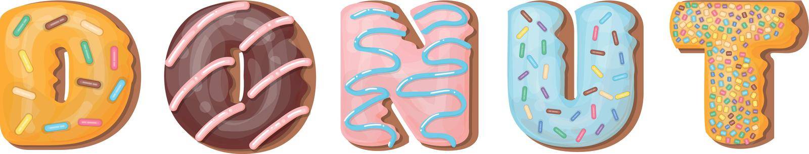 Donut text in sweet food style with glazing and sprinkles. Decorative heading by LadadikArt