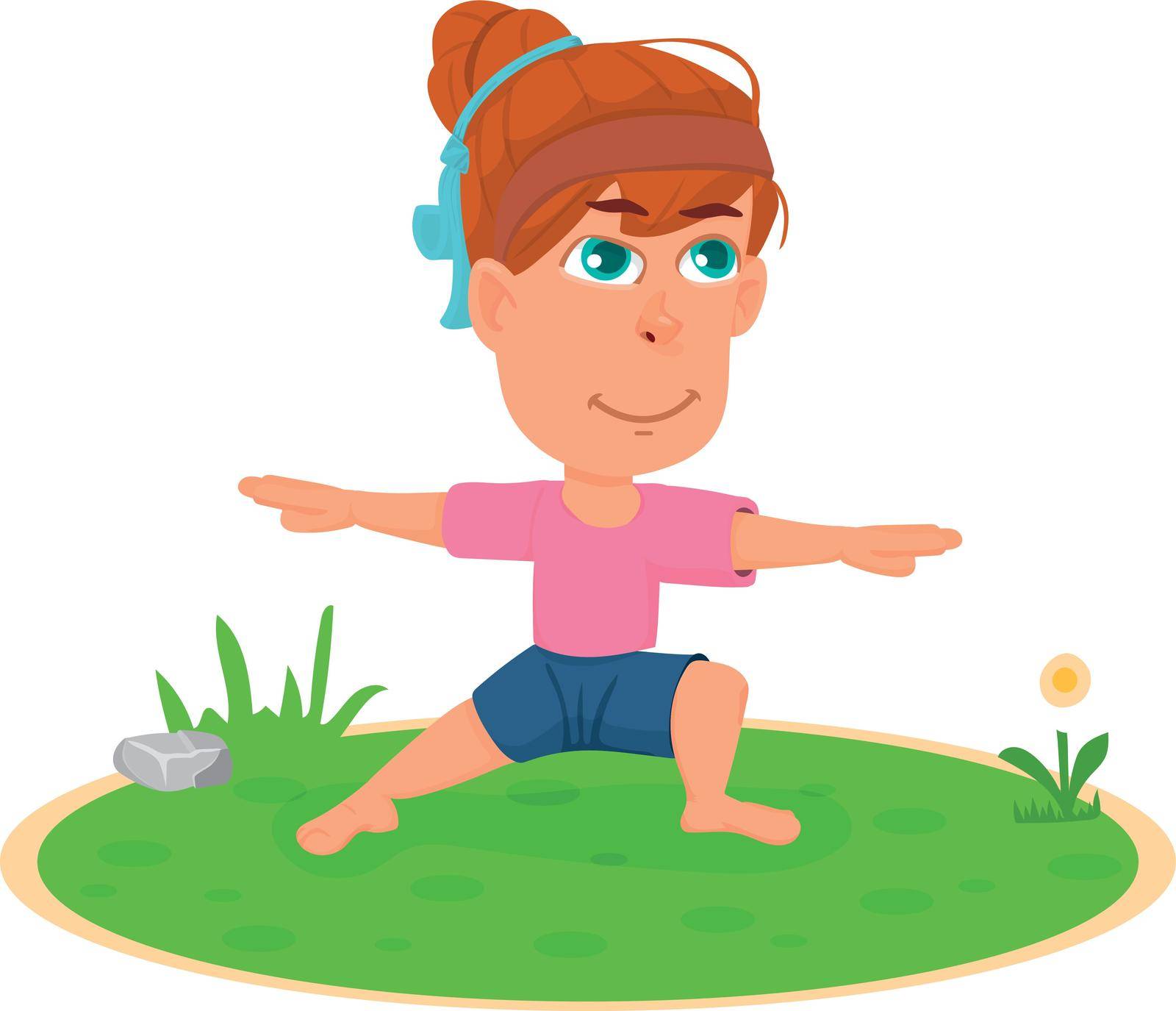 Girl in yoga pose. Happy kid morning exercise isolated on white background