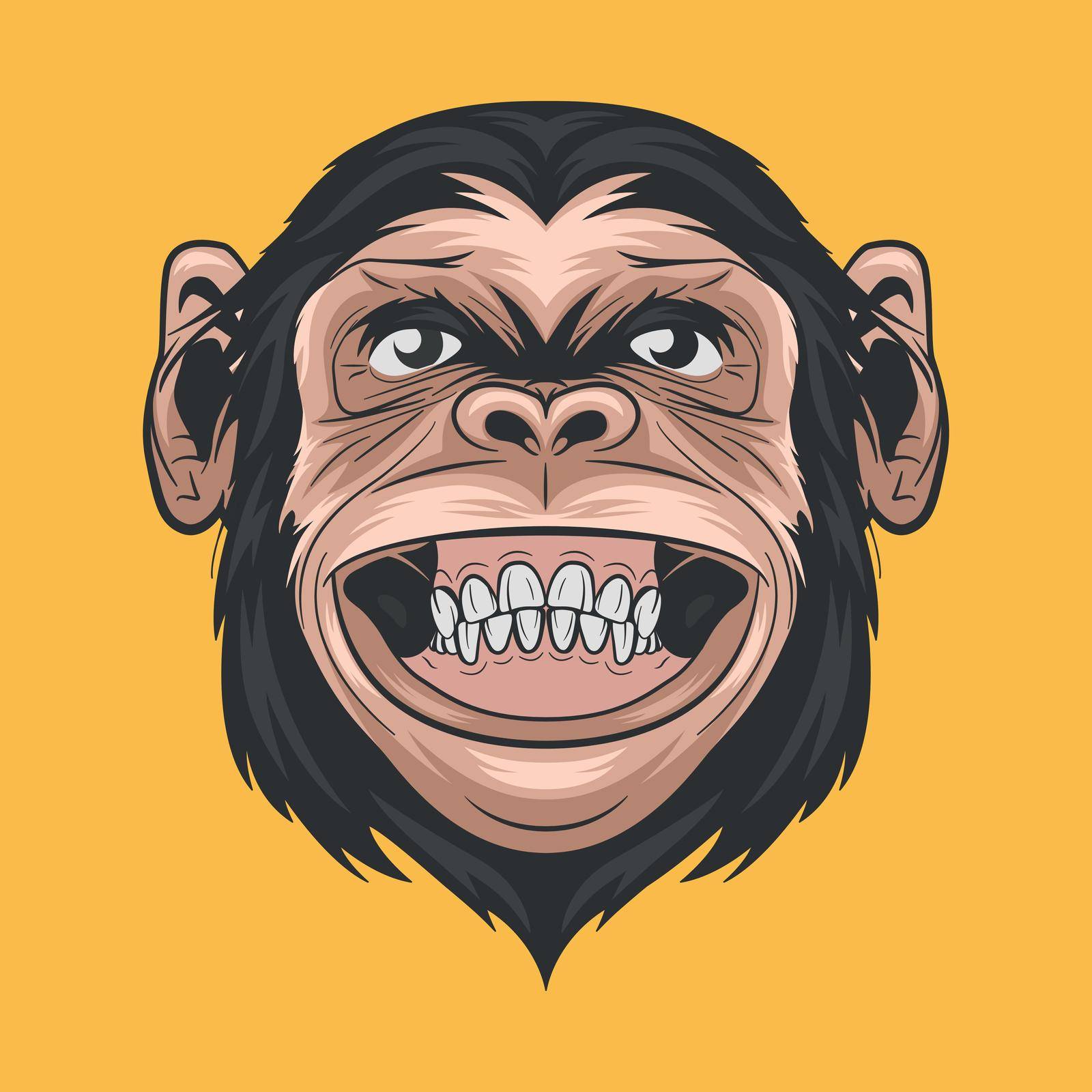 Vector Hand Drawn Smiling Chimpanzee Ape . Colored Abstract Funny Monkey Head for Wall Art, T-shirt Print, Poster. Cartoon Cute Chimp Monkey Icon, Logo, Illustration.