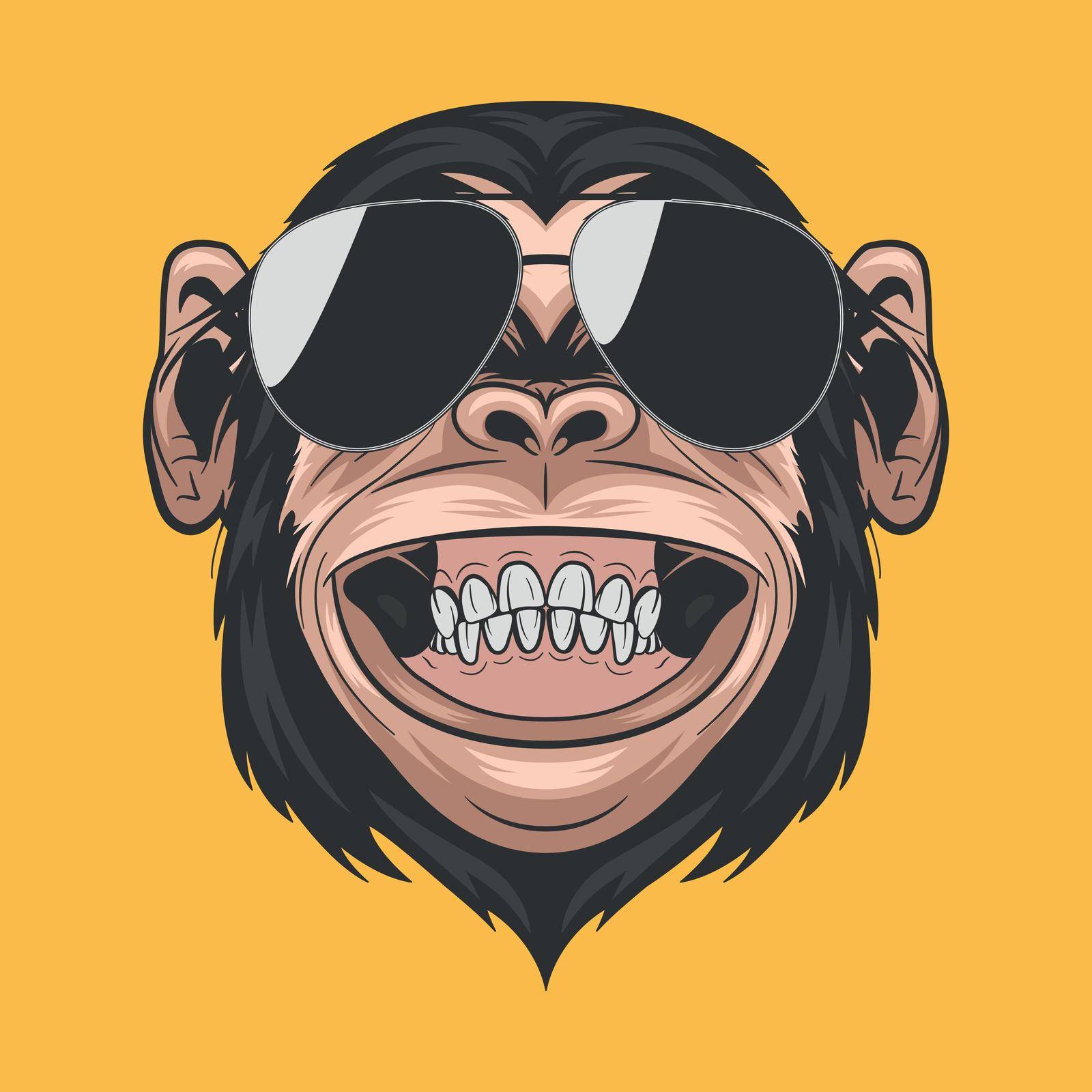 Vector Hand Drawn Smiling Chimpanzee Ape with Sunglasses. Colored Abstract Funny Monkey Head for Wall Art, T-shirt Print, Poster. Cartoon Cute Chimp Monkey Icon, Logo, Illustration by Gomolach