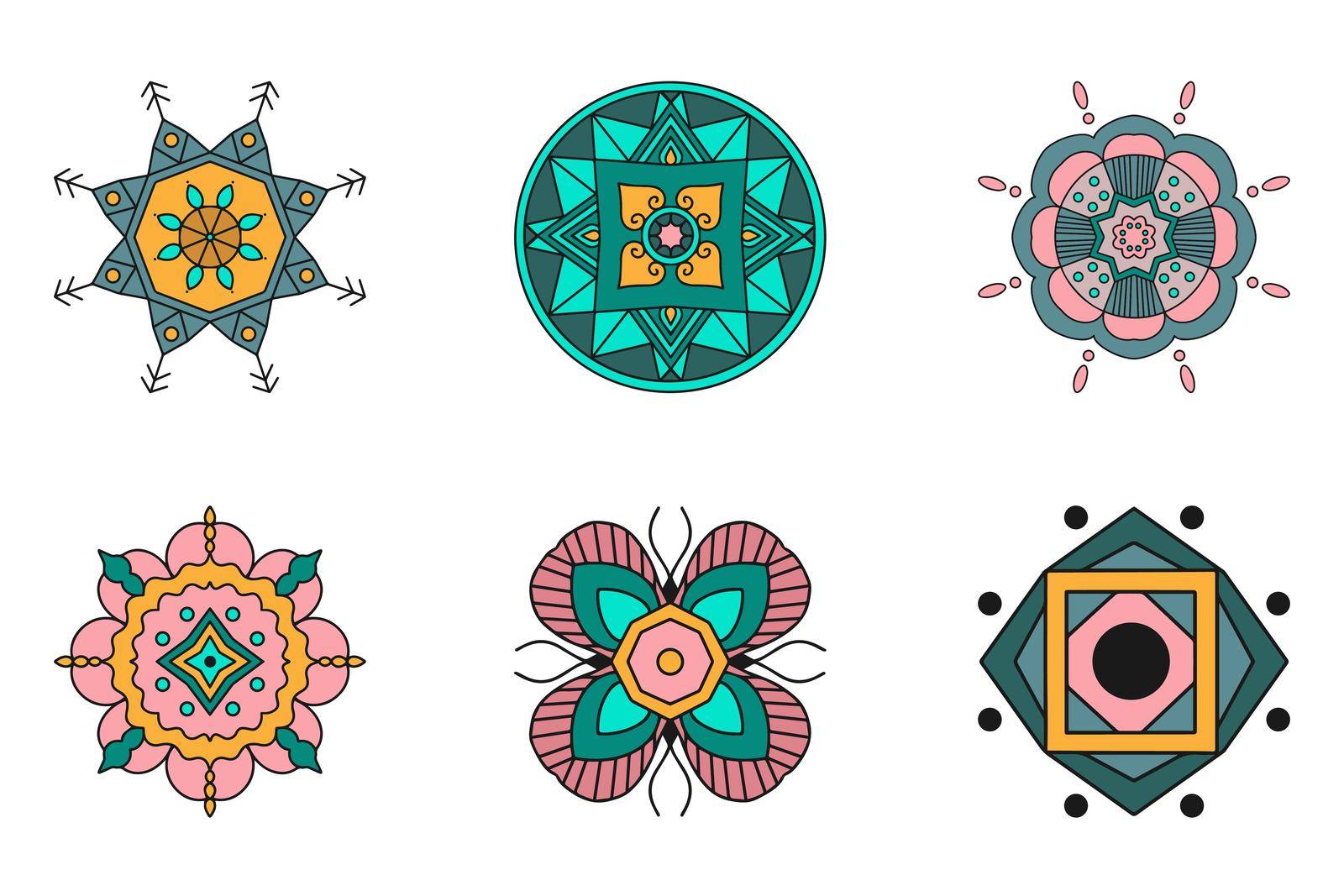 A set of vector colored geometric ornaments with a black outline. Illustration for tattoo, logo, yoga center, Indian festival and much more. Vector ornaments isolated on a white background.