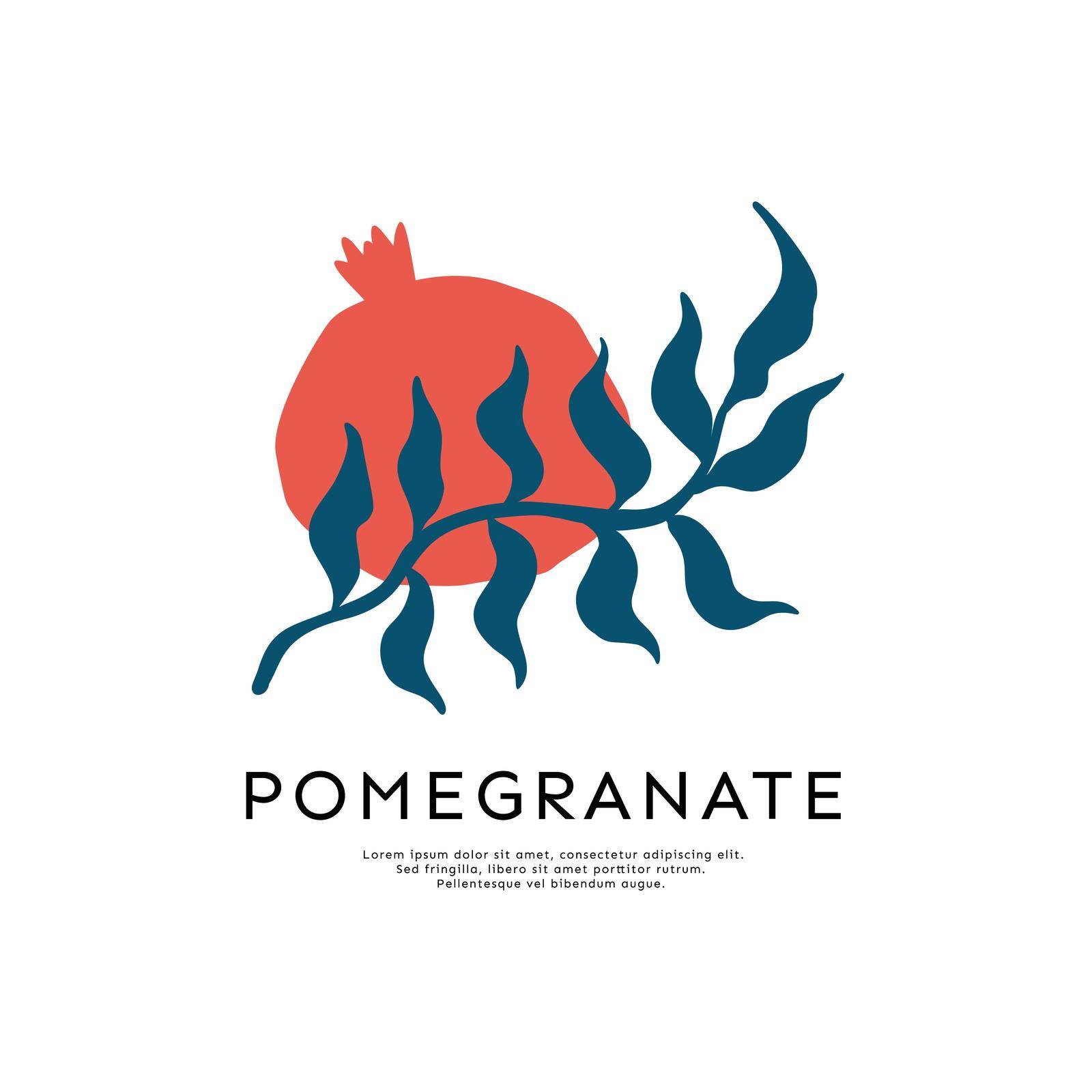 Pomegranate vector logo isolated on white background. Pomegranate and leaf for emblem, label for Shana tova design. Garnet and leaves with typography - logo design.