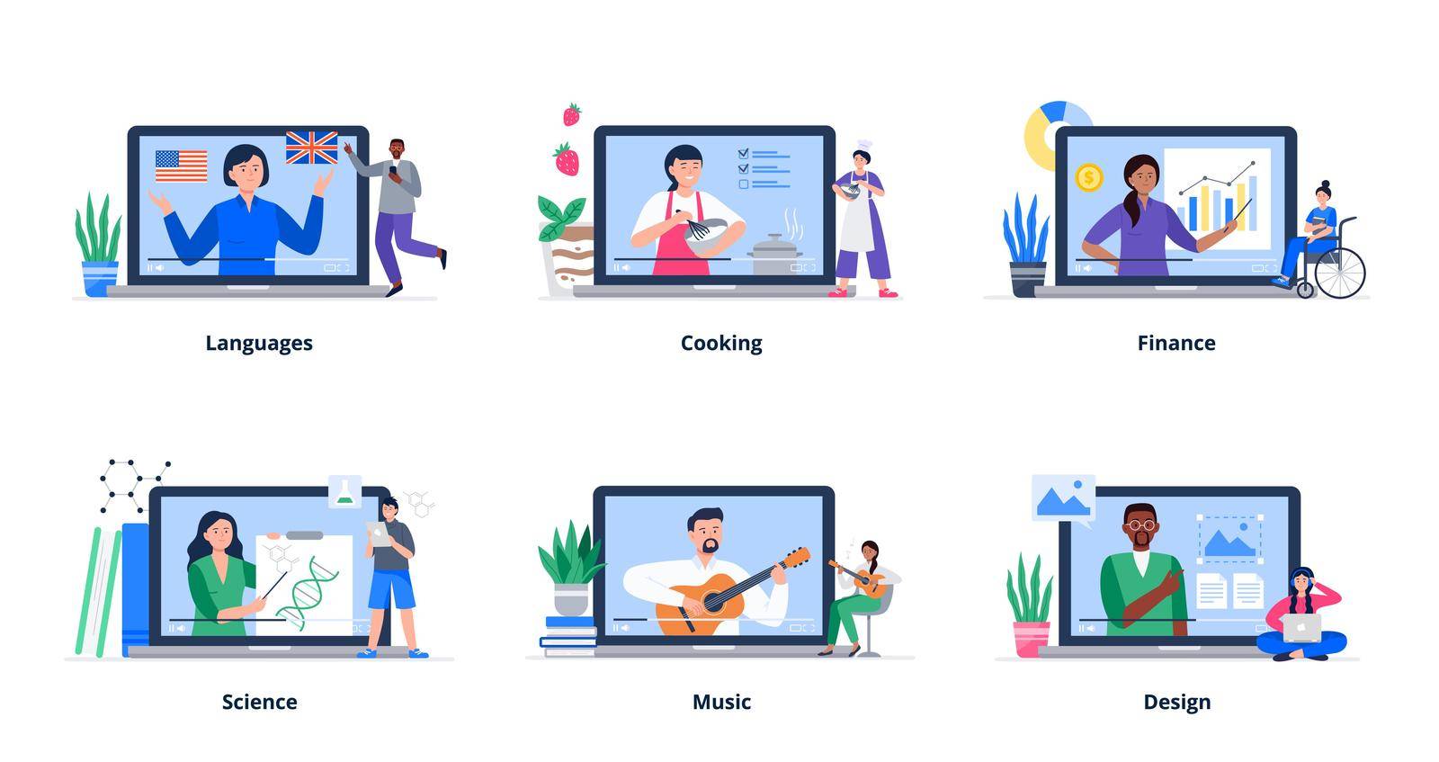 Set of concepts with different people on the internet. Online tutorials from professionals, bloggers. Online education, e-learning, studying at home. Vector flat illustration.